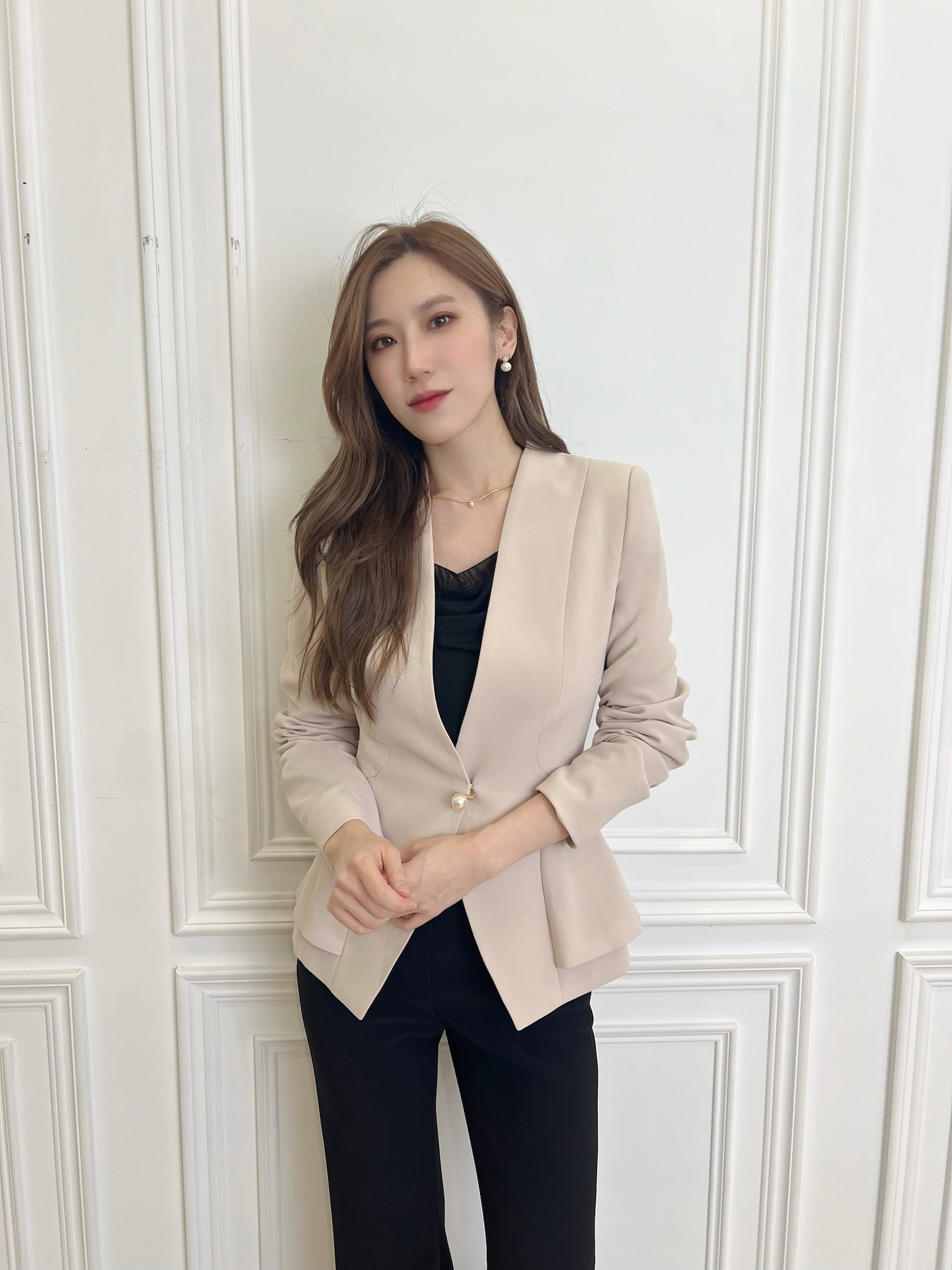 (職場必備)修身無領珍珠釦西裝外套