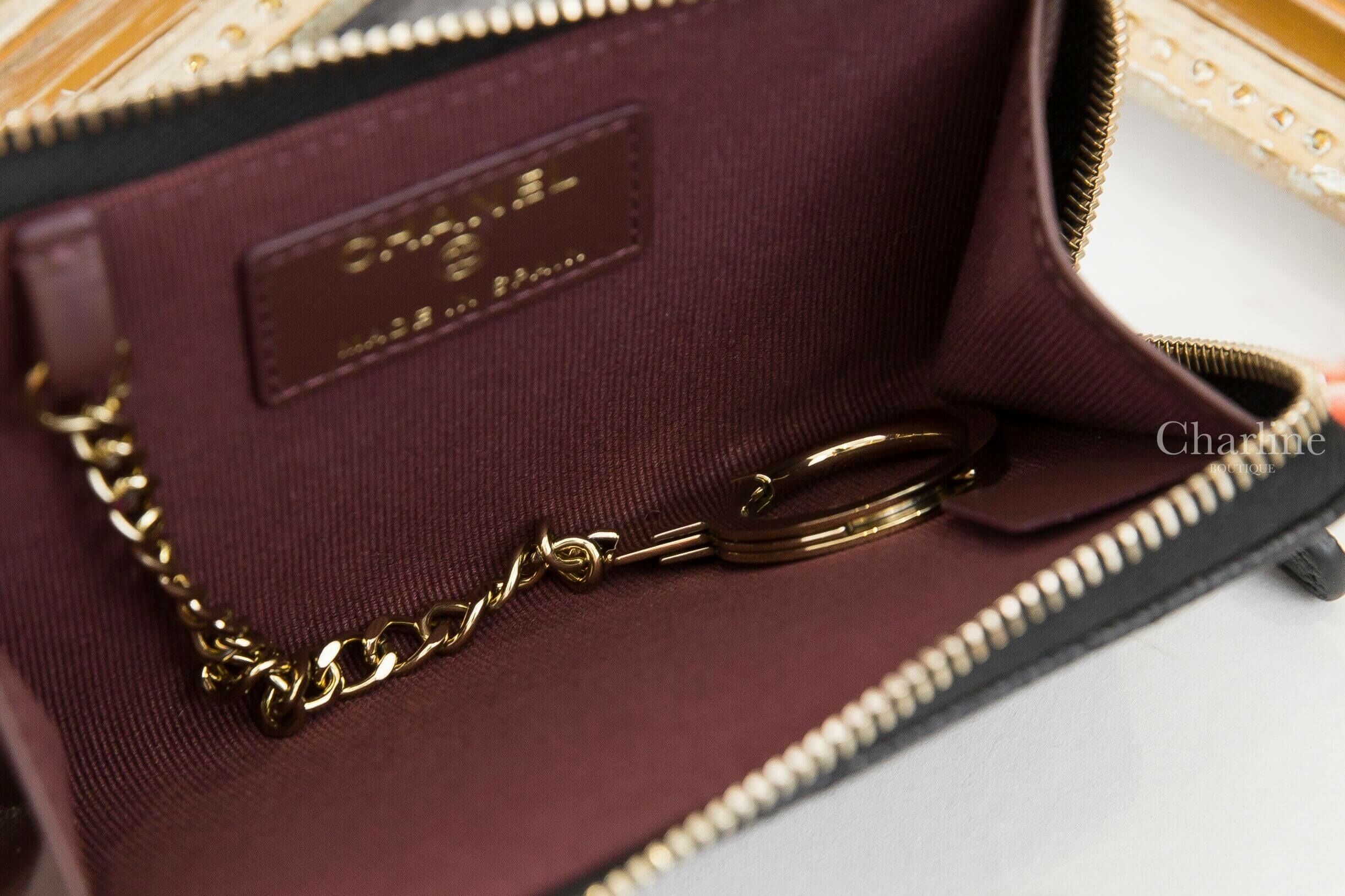 Chanel Classic Zipped Key Holder 黑色金CC酒紅內裡荔枝菱格紋金色鑰匙圈拉鍊零錢包-Charline Boutique 精品代購