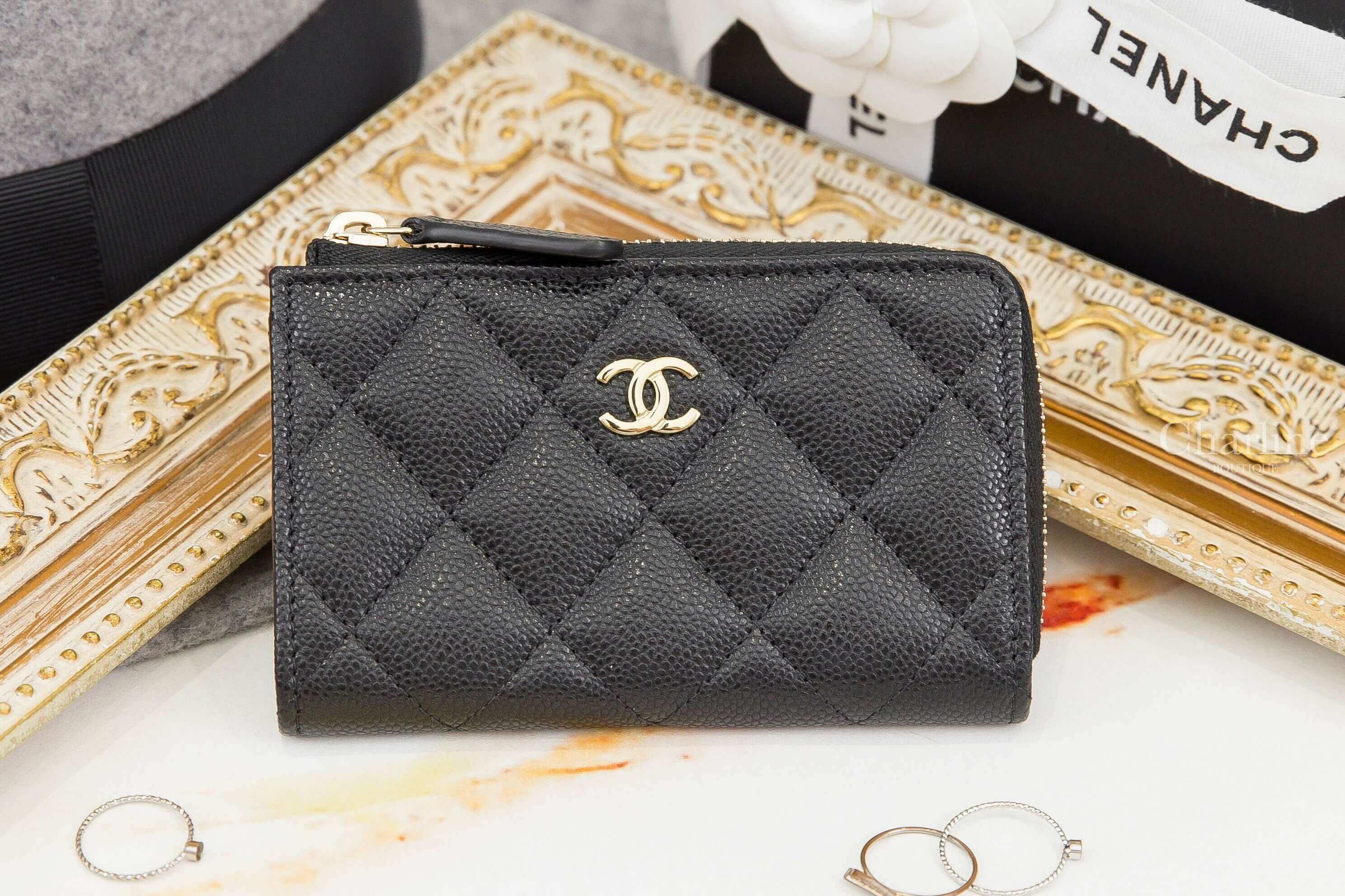 Chanel Classic Zipped Key Holder 黑色金CC酒紅內裡荔枝菱格紋金色鑰匙圈拉鍊零錢包-Charline Boutique 精品代購