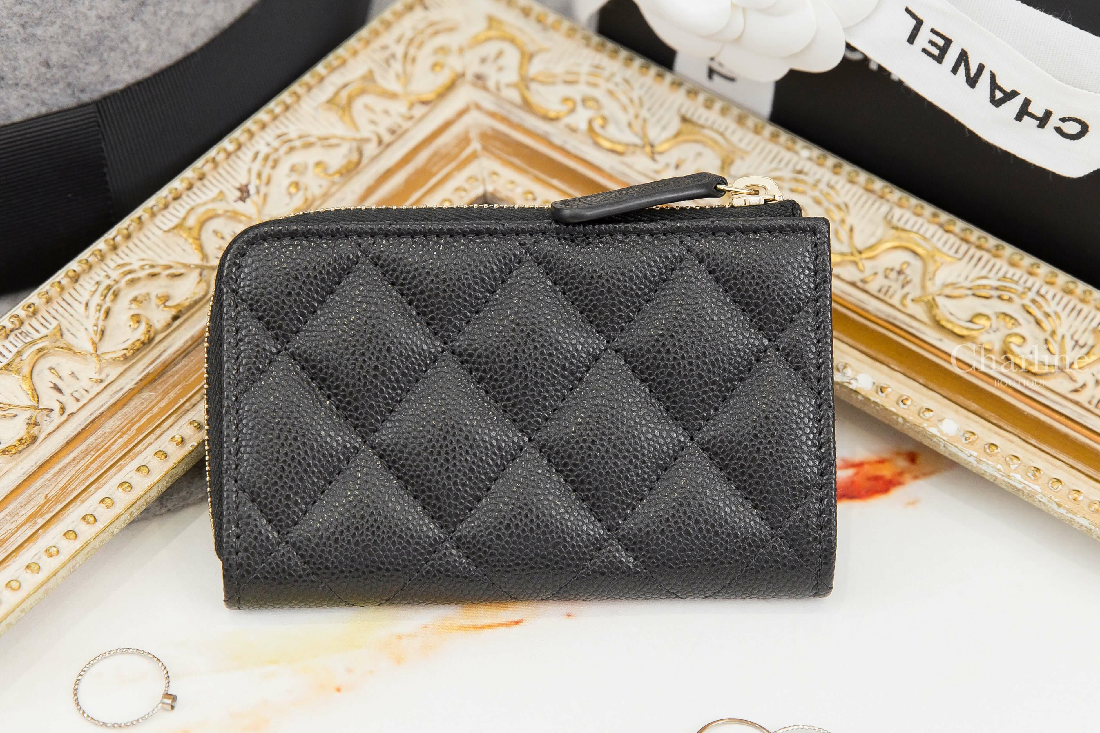Chanel Classic Zipped Key Holder 黑色金CC酒紅內裡荔枝菱格紋金色鑰匙圈拉鍊零錢包-Charline Boutique 精品代購