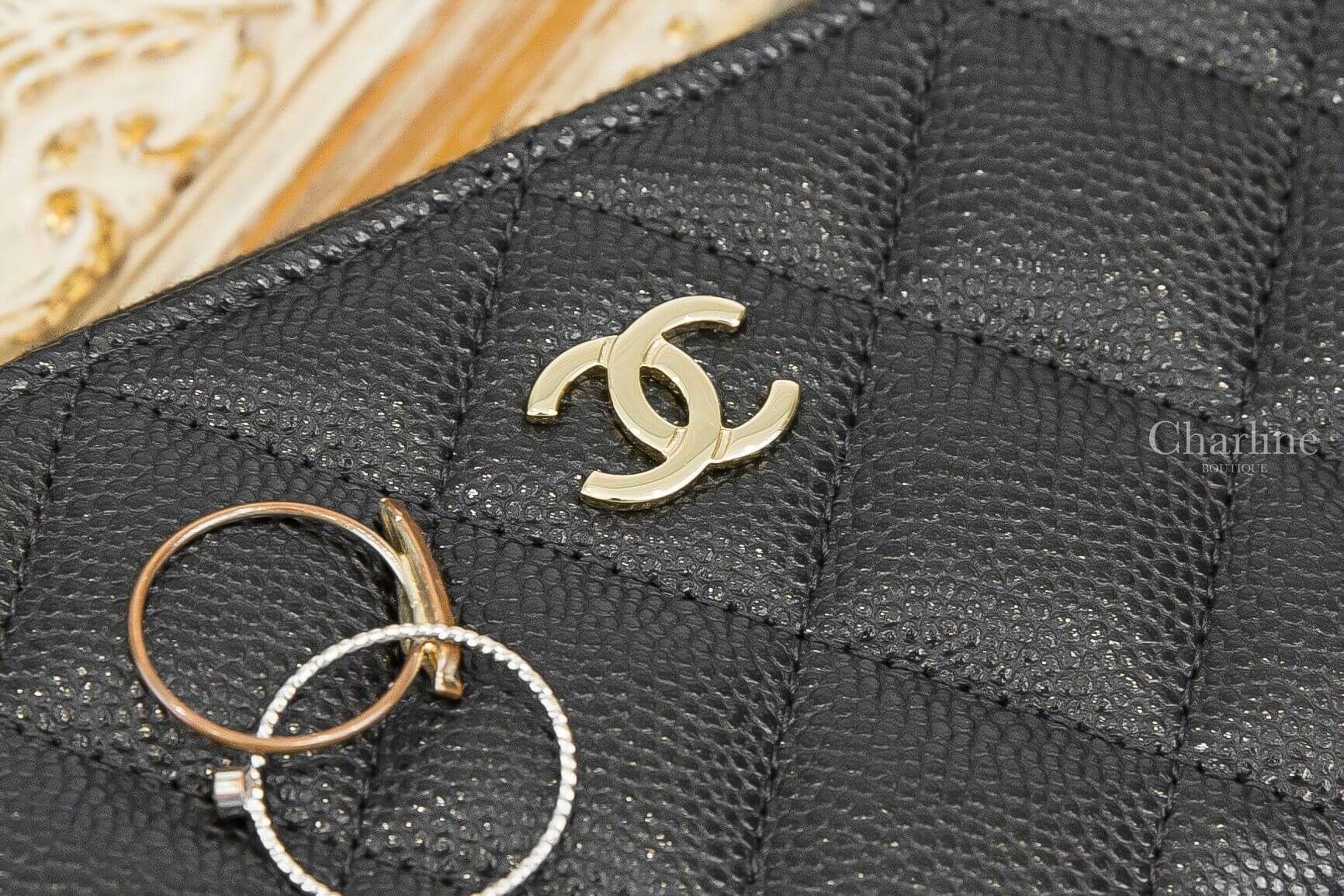 Chanel Classic Zipped Key Holder 黑色金CC酒紅內裡荔枝菱格紋金色鑰匙圈拉鍊零錢包