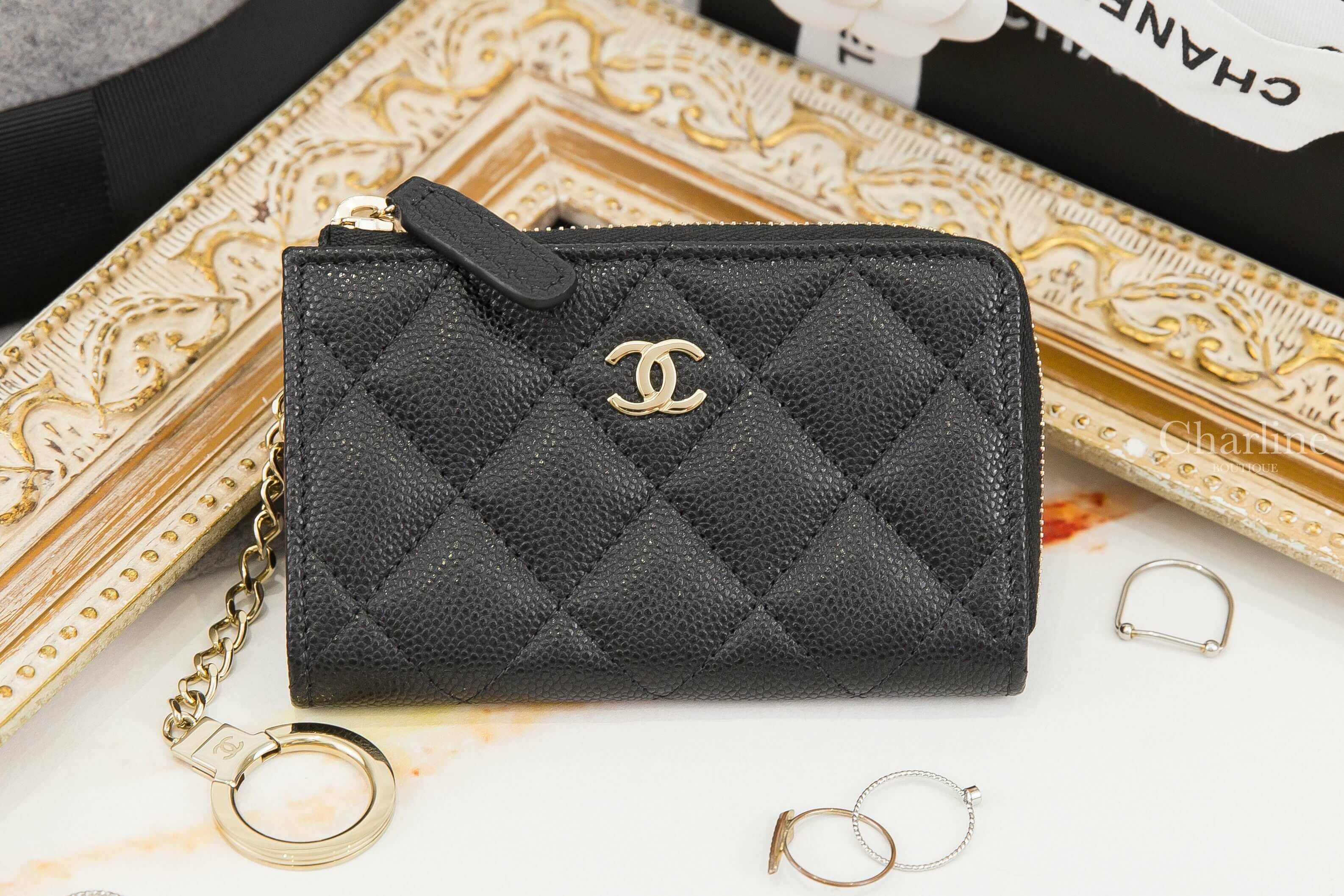 Chanel Classic Zipped Key Holder 黑色金CC酒紅內裡荔枝菱格紋金色鑰匙圈拉鍊零錢包
