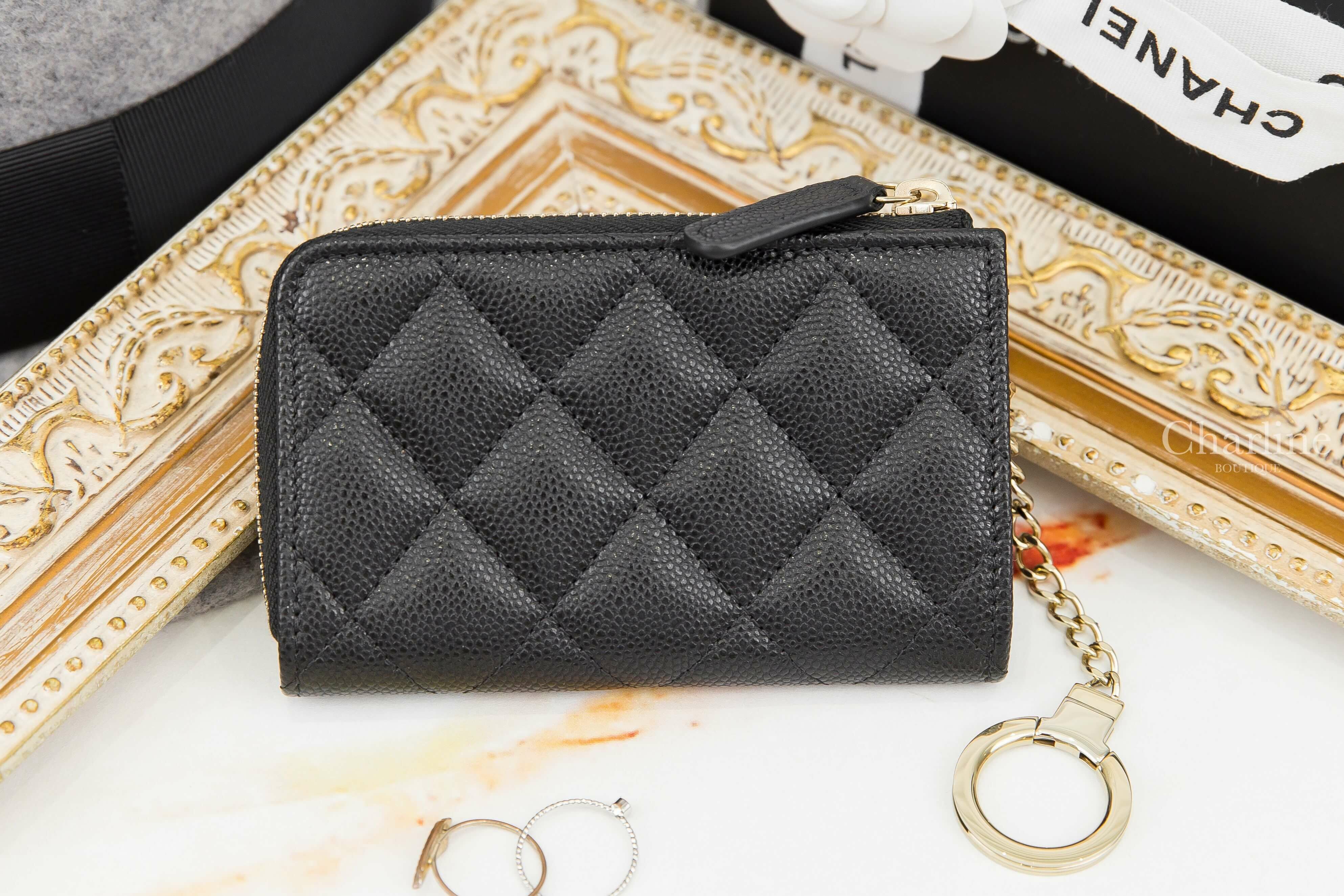 Chanel Classic Zipped Key Holder 黑色金CC酒紅內裡荔枝菱格紋金色鑰匙圈拉鍊零錢包-Charline Boutique 精品代購