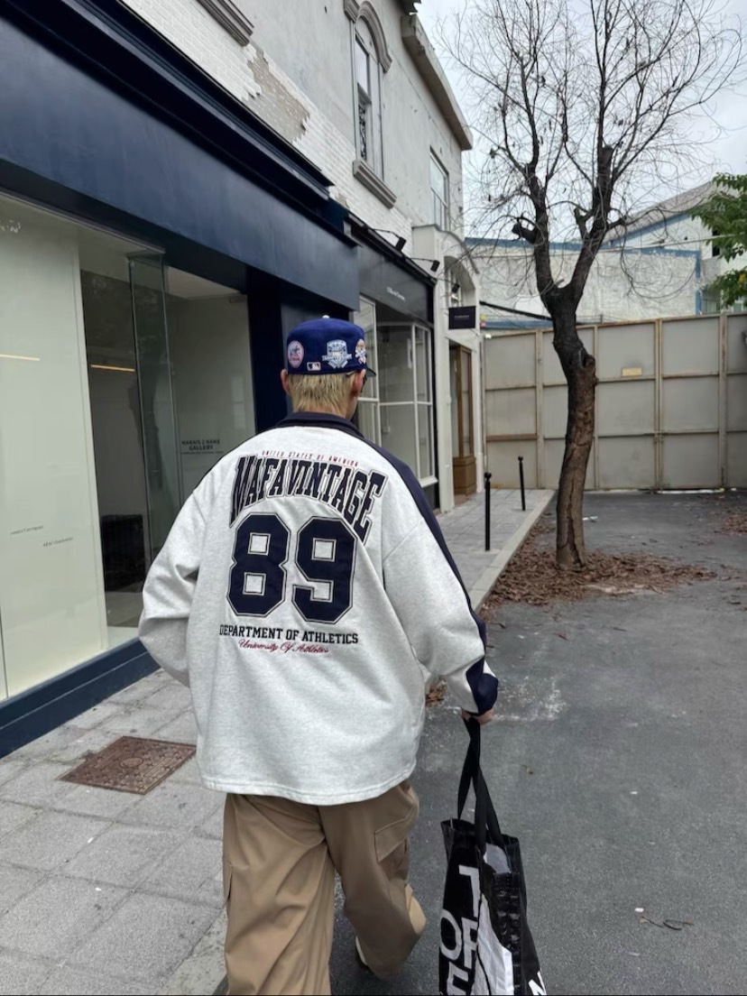 美式復古卡通運動風撞色長袖POLO衫