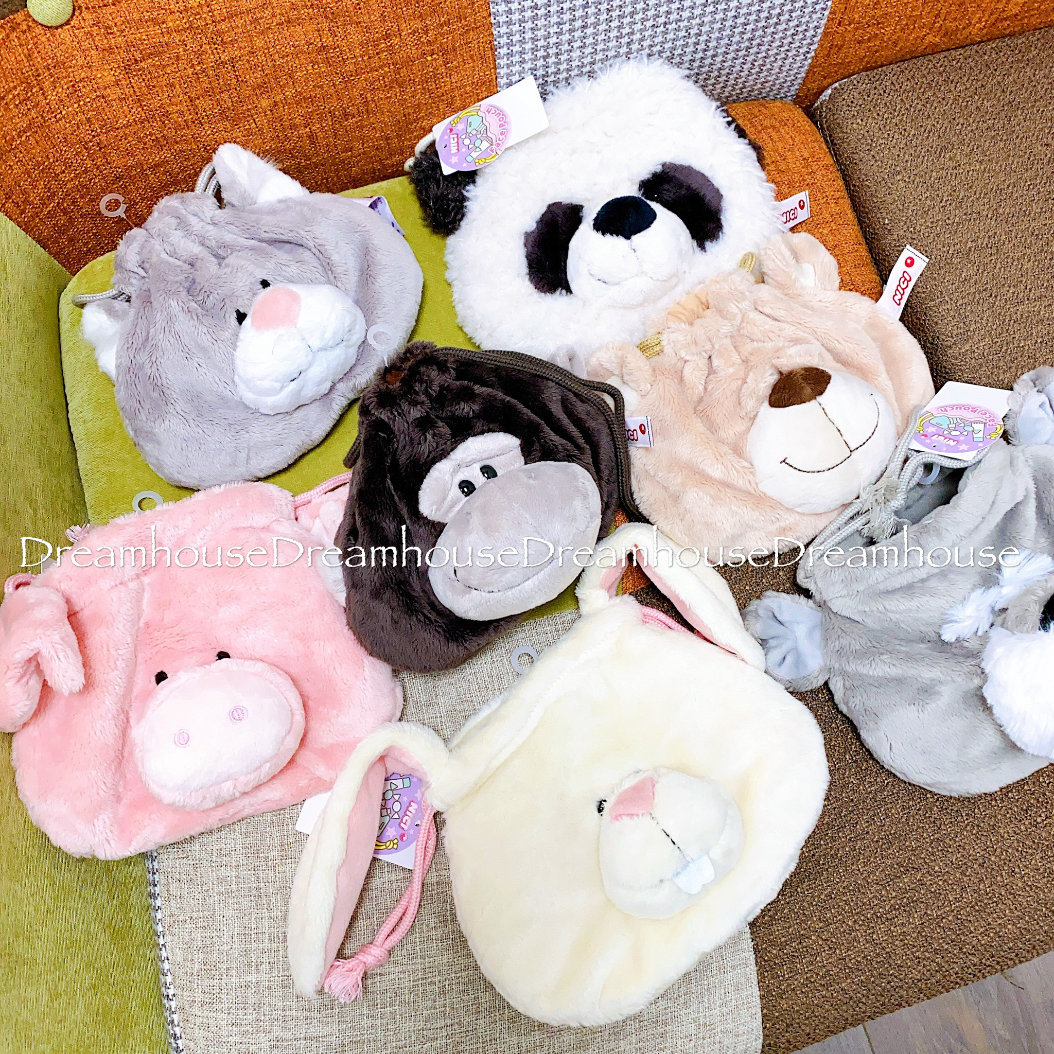 NICI 貓咪 猩猩 小豬 愛心熊 熊貓 兔子 雪納瑞 小雞 花豹 大臉絨毛束口袋