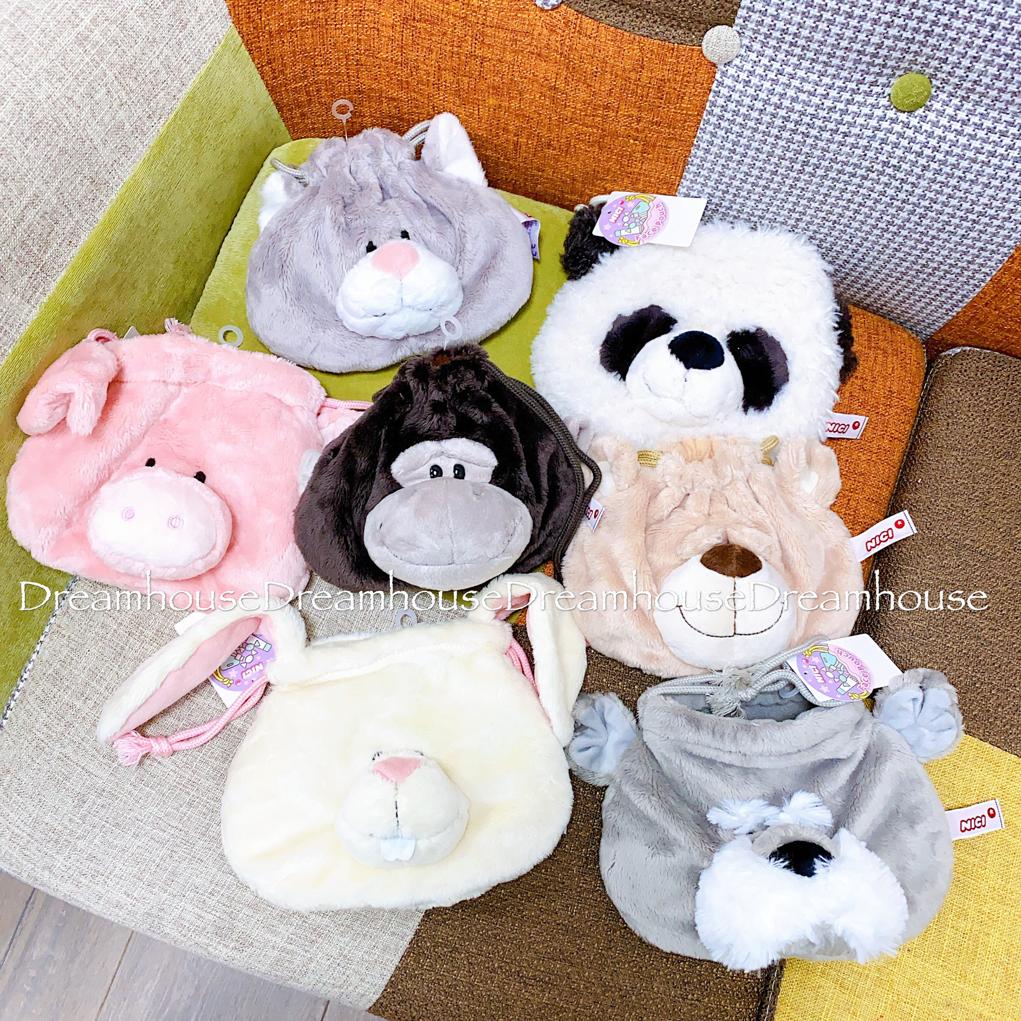 NICI 貓咪 猩猩 小豬 愛心熊 熊貓 兔子 雪納瑞 小雞 花豹 大臉絨毛束口袋