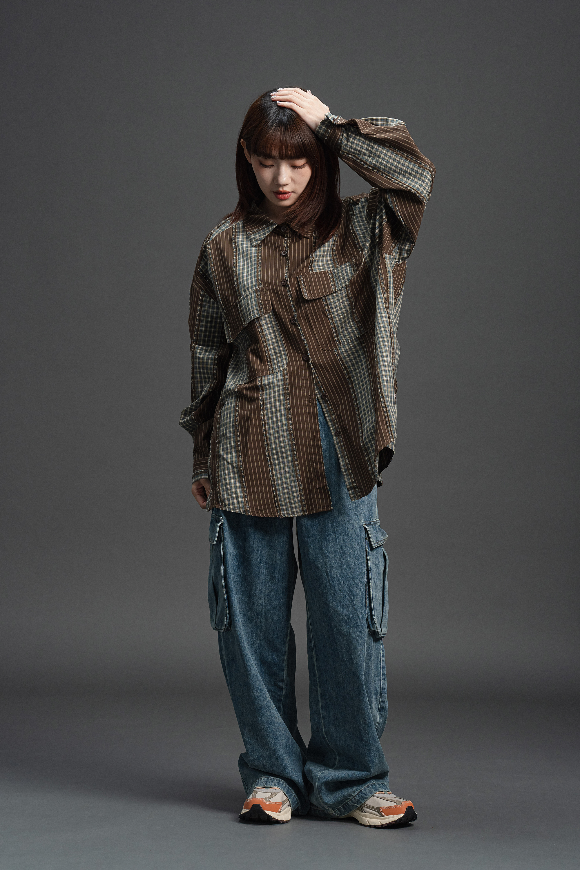 格紋拚色長袖開衩襯衫