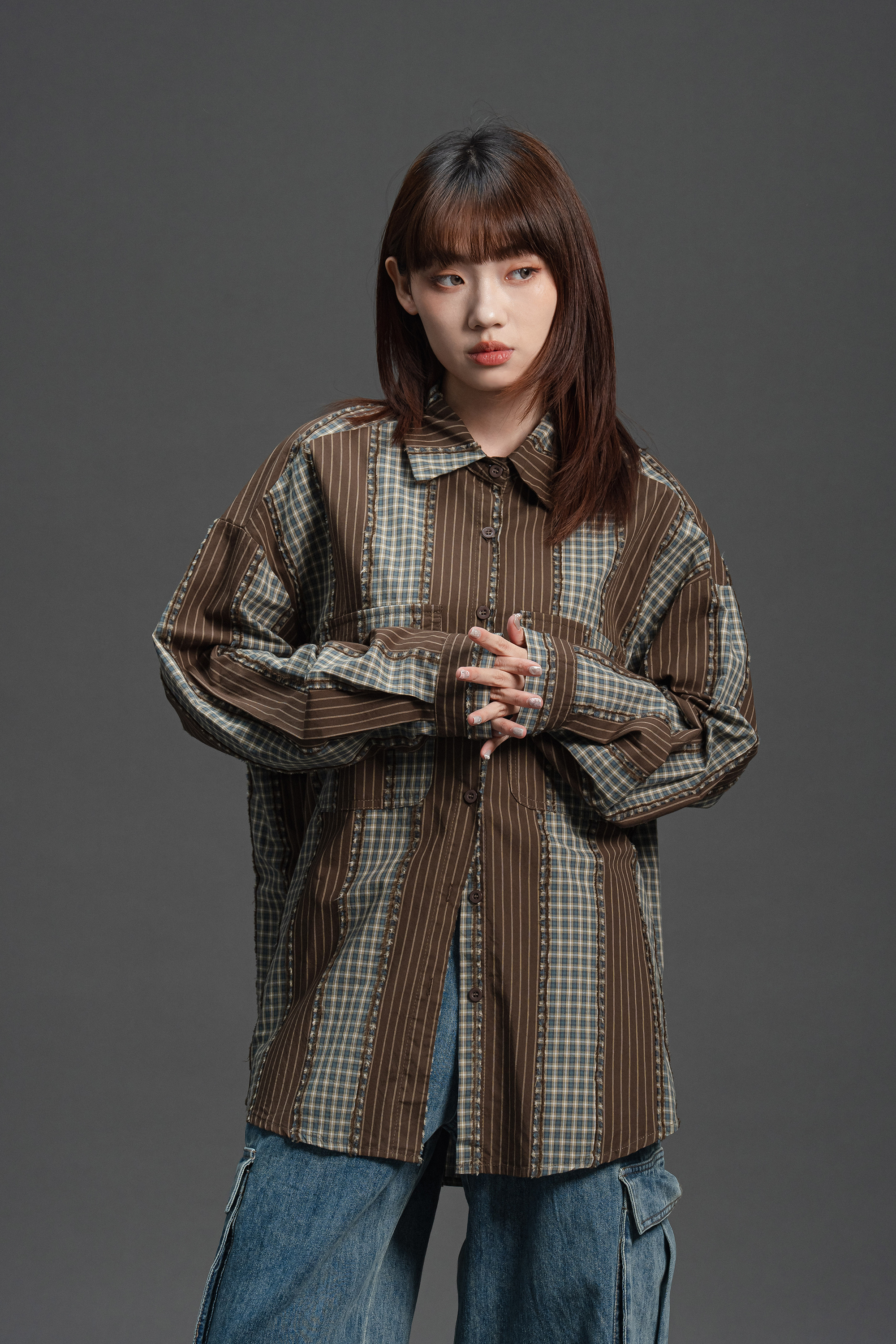 格紋拚色長袖開衩襯衫