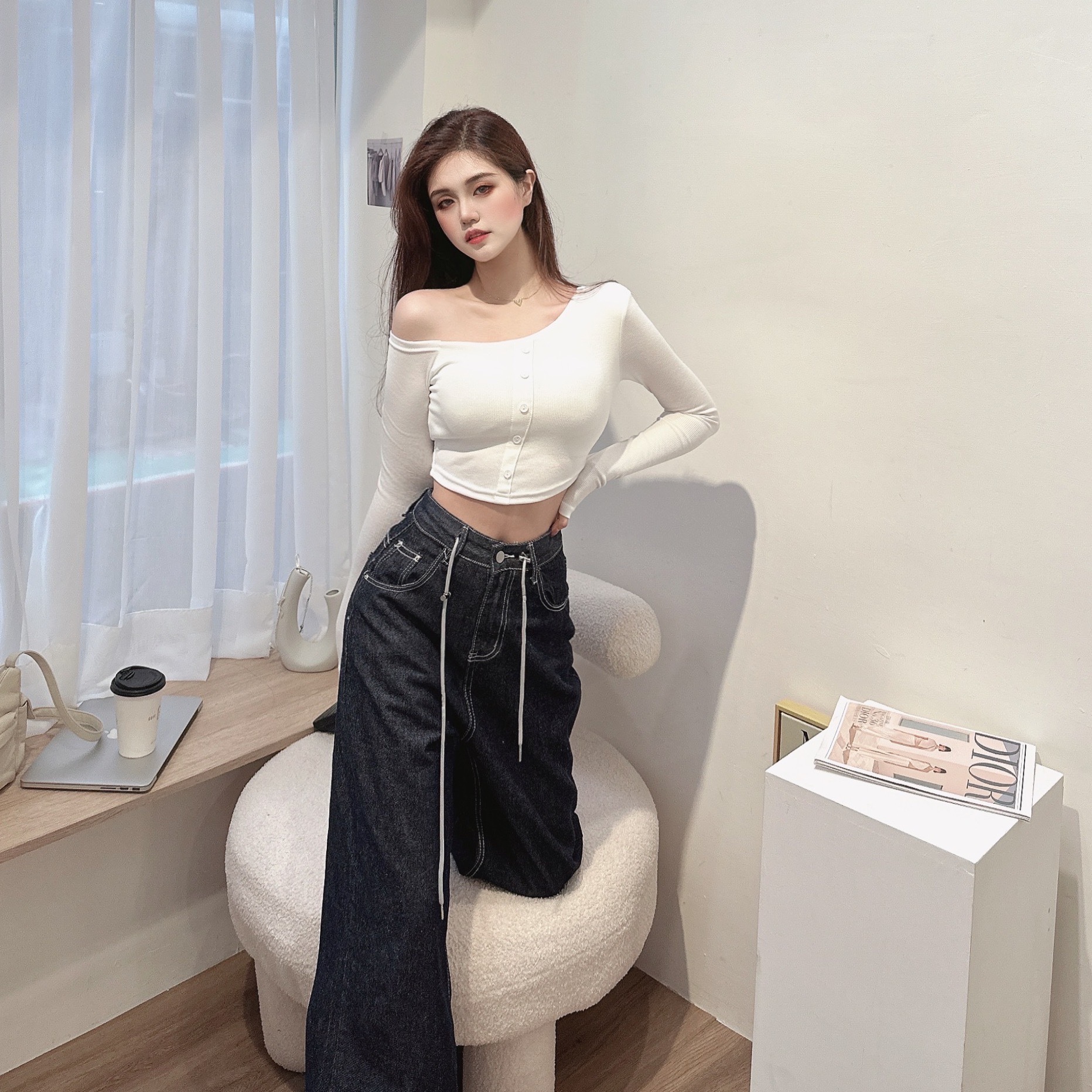 不對稱斜肩胸墊上衣/三色