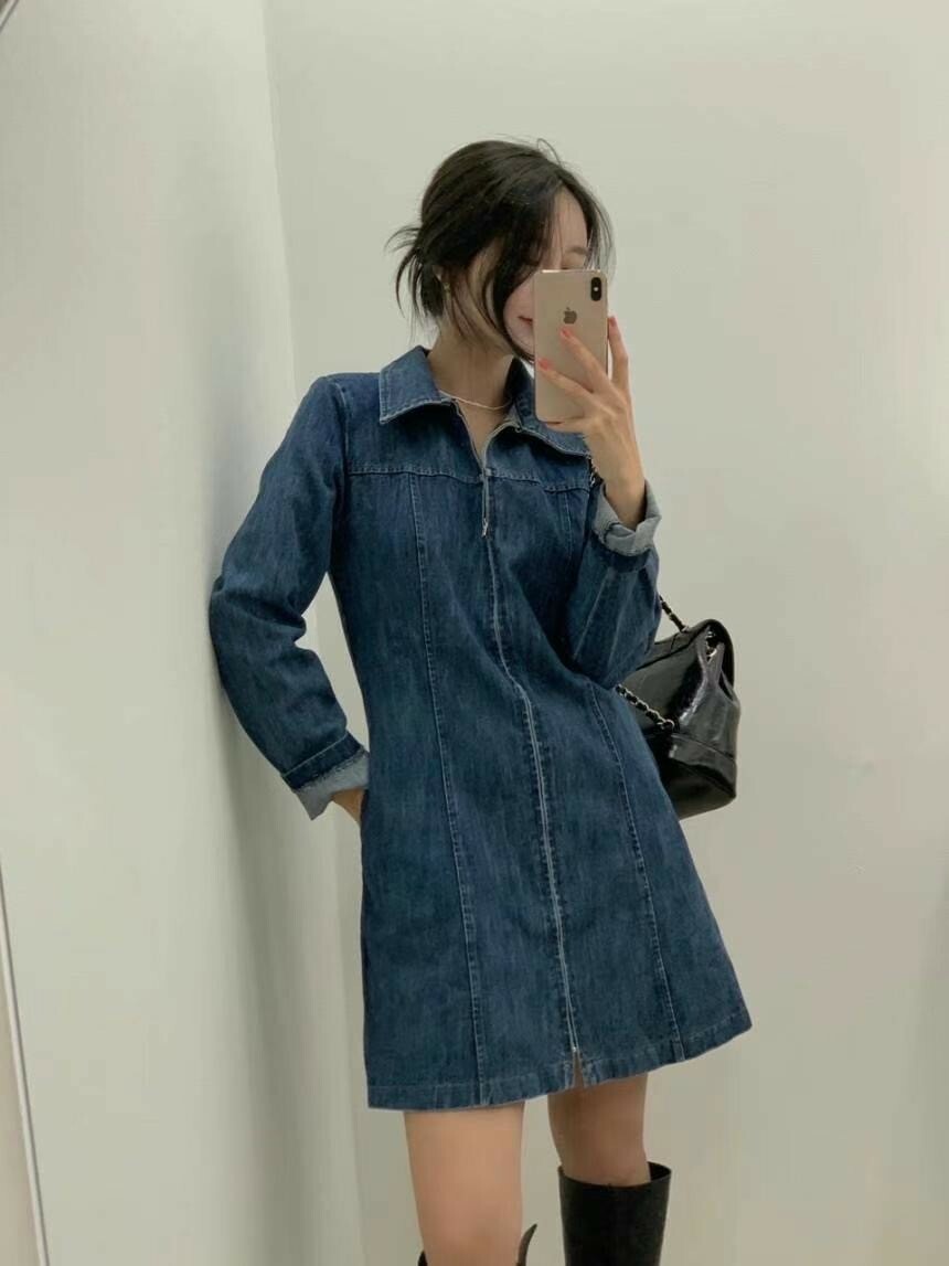 410058拉鍊牛仔長袖有領洋裝 現貨