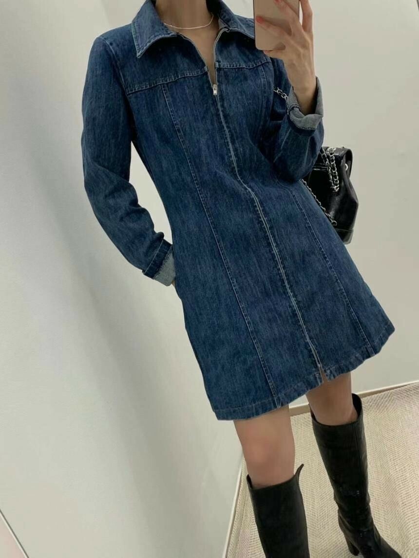 410058拉鍊牛仔長袖有領洋裝 現貨