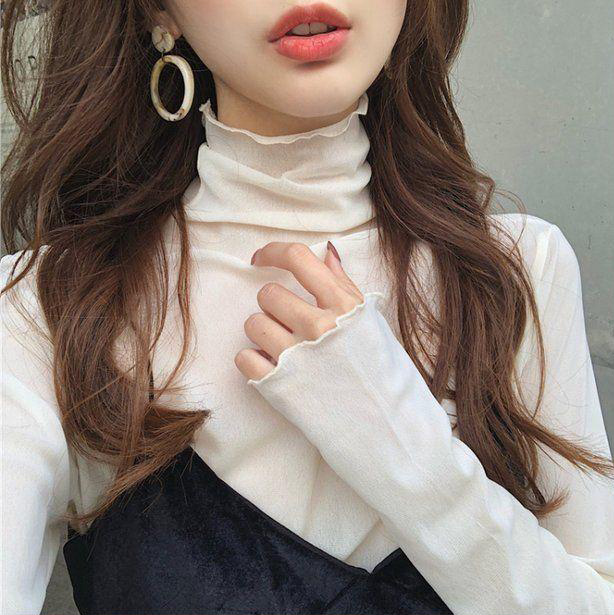 【現貨】Buy love TW100160 木耳邊高領網紗透膚打底衫 (free size)