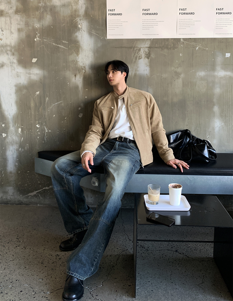 雙膝縫線設計水洗寬直筒牛仔褲