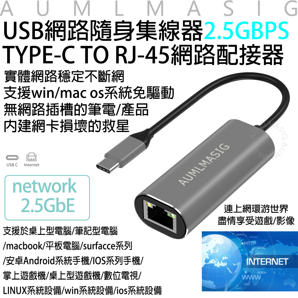 AUMLMAISG USB網路隨身集線器2.5GBPS  TYPE-C TO RJ-45網路配接器 實體網路穩定不斷網 支援win/mac os系統免驅動 無網路接口筆電/產品 內建網卡損壞的救星