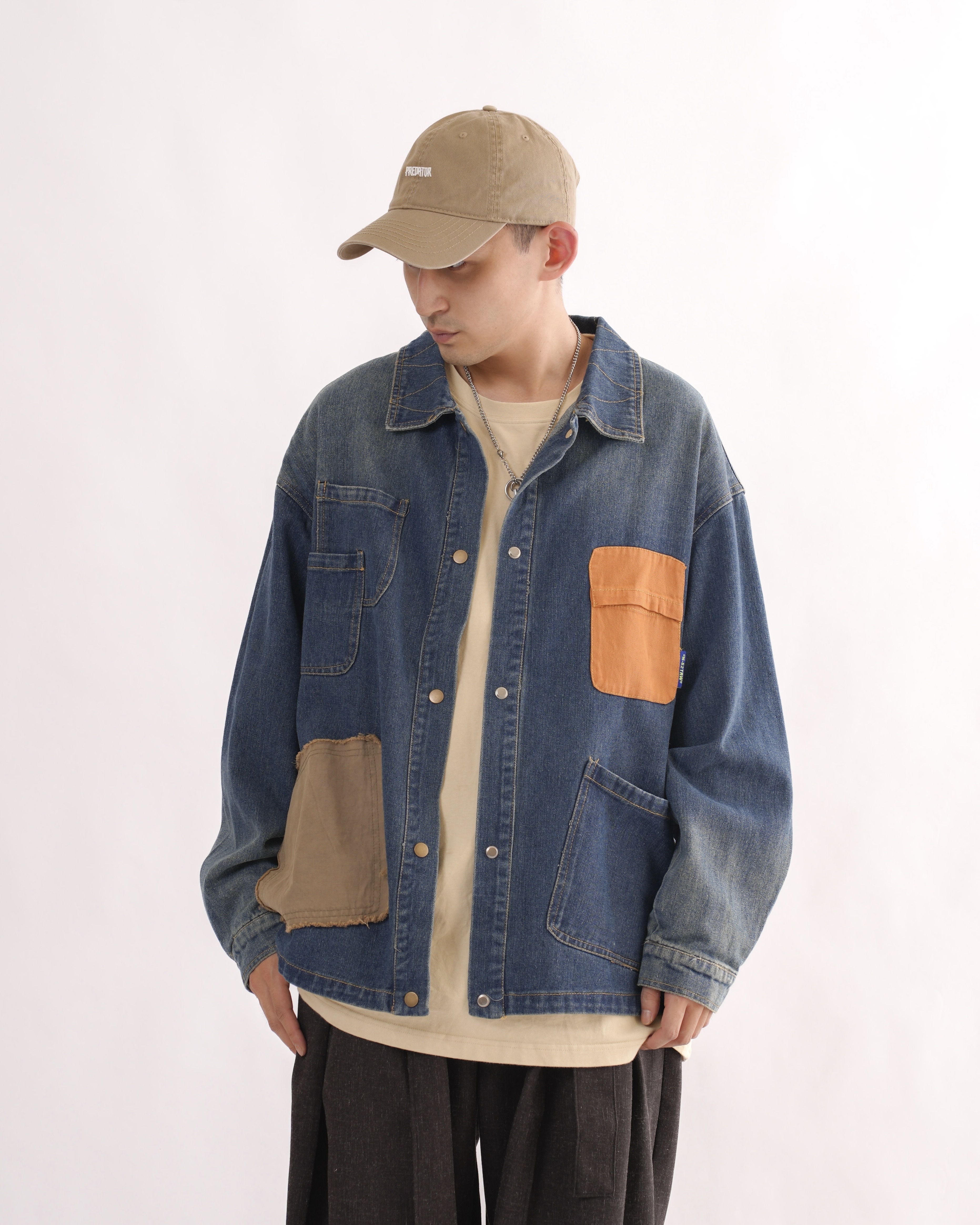 MK021 補丁感拼色水洗牛仔外套