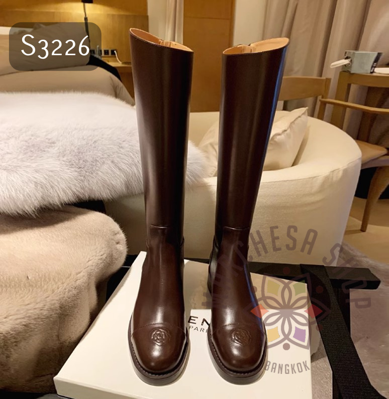 S3226 - 全真皮牛皮山茶花圓頭平底長靴