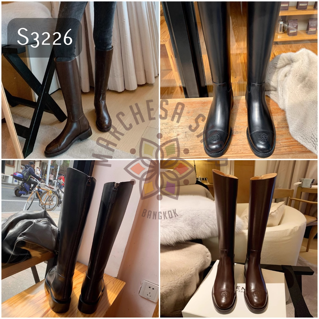 S3226 - 全真皮牛皮山茶花圓頭平底長靴