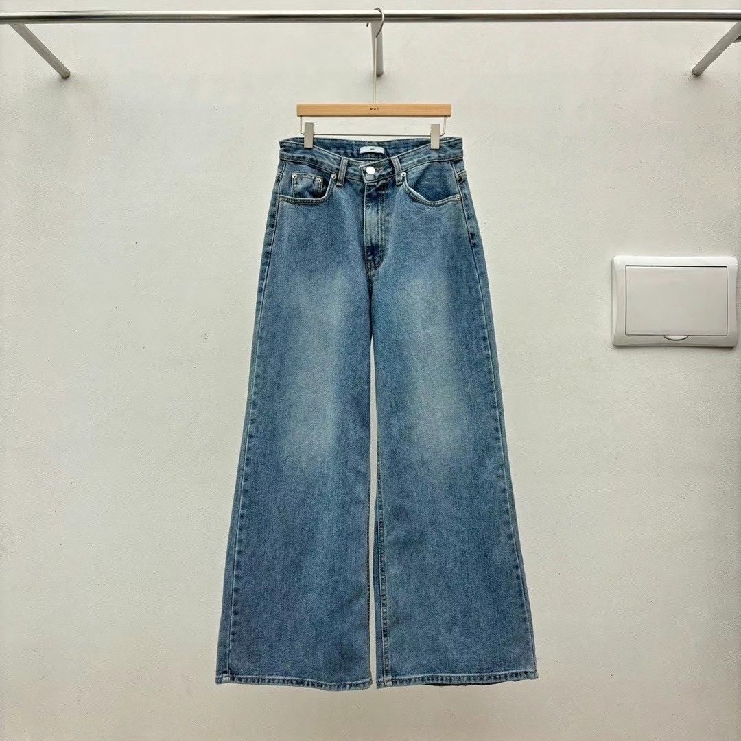 正韓微刷白闊腿牛仔褲