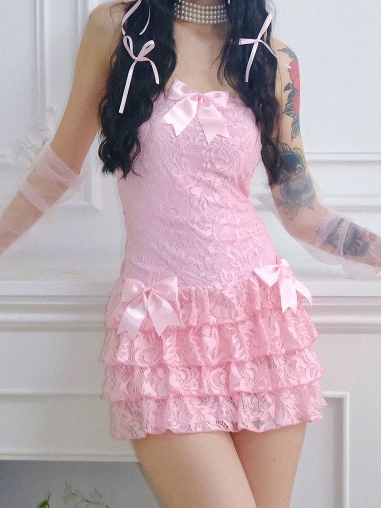 ArtByTastybabe 夢幻蕾絲 蝴蝶結 修身抹胸蛋糕裙 粉色