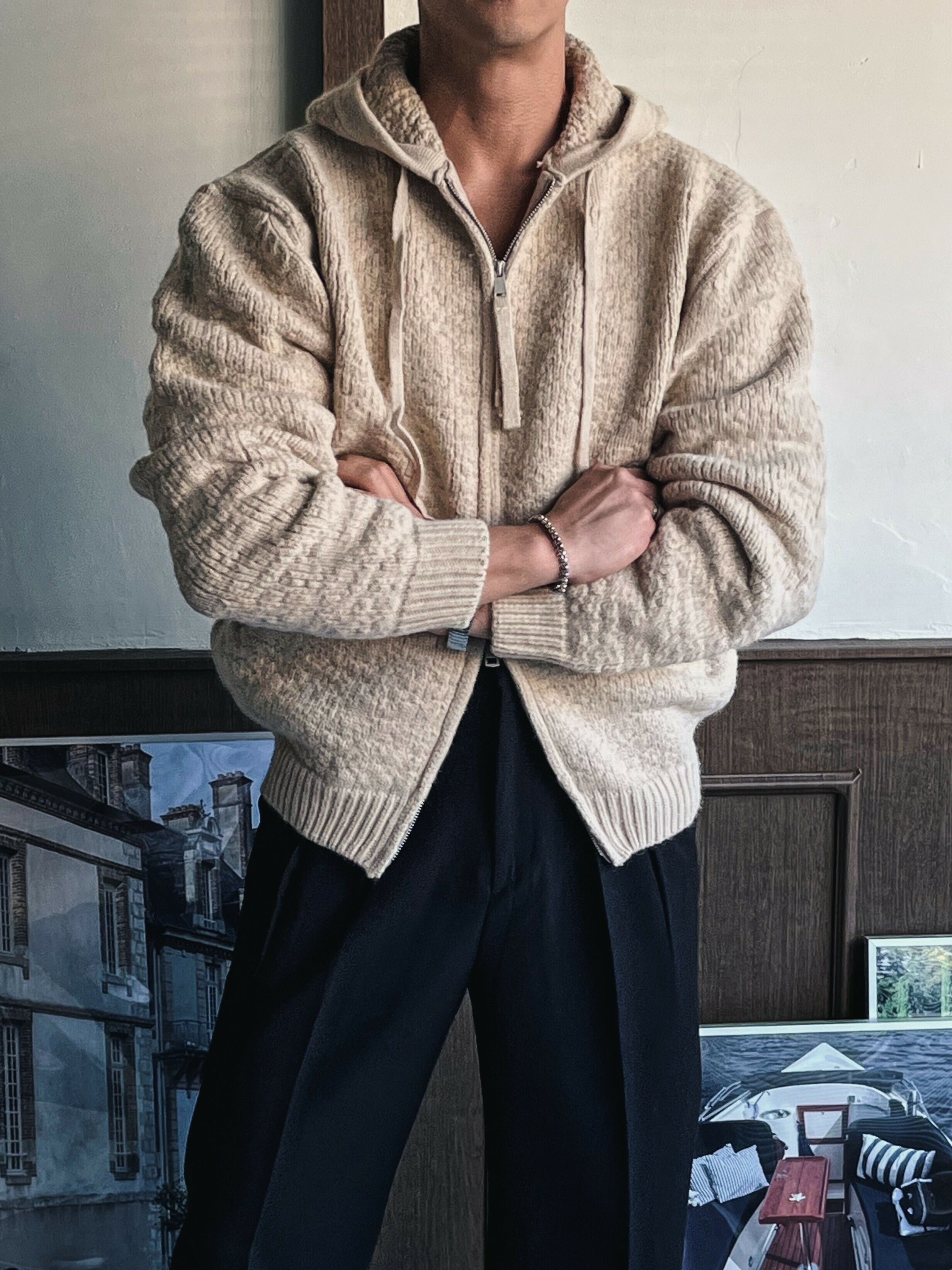 厚針織連帽拉鍊外套