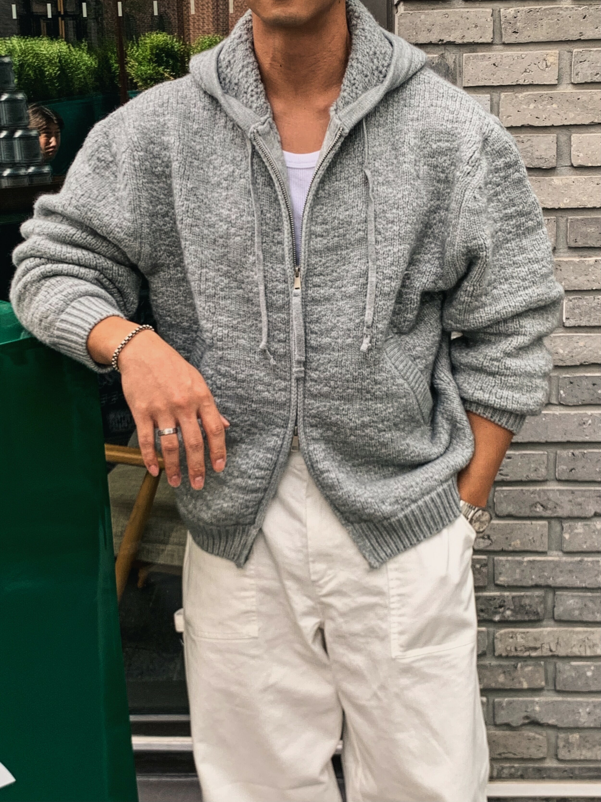 厚針織連帽拉鍊外套