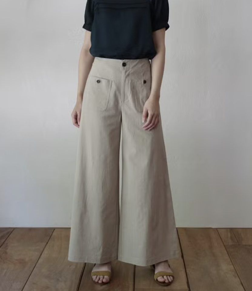 時尚雙口袋亞麻闊腿褲
