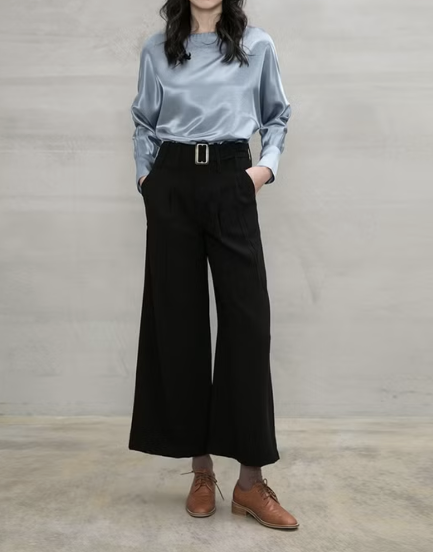 西裝面料知性腰帶大寬褲(特)