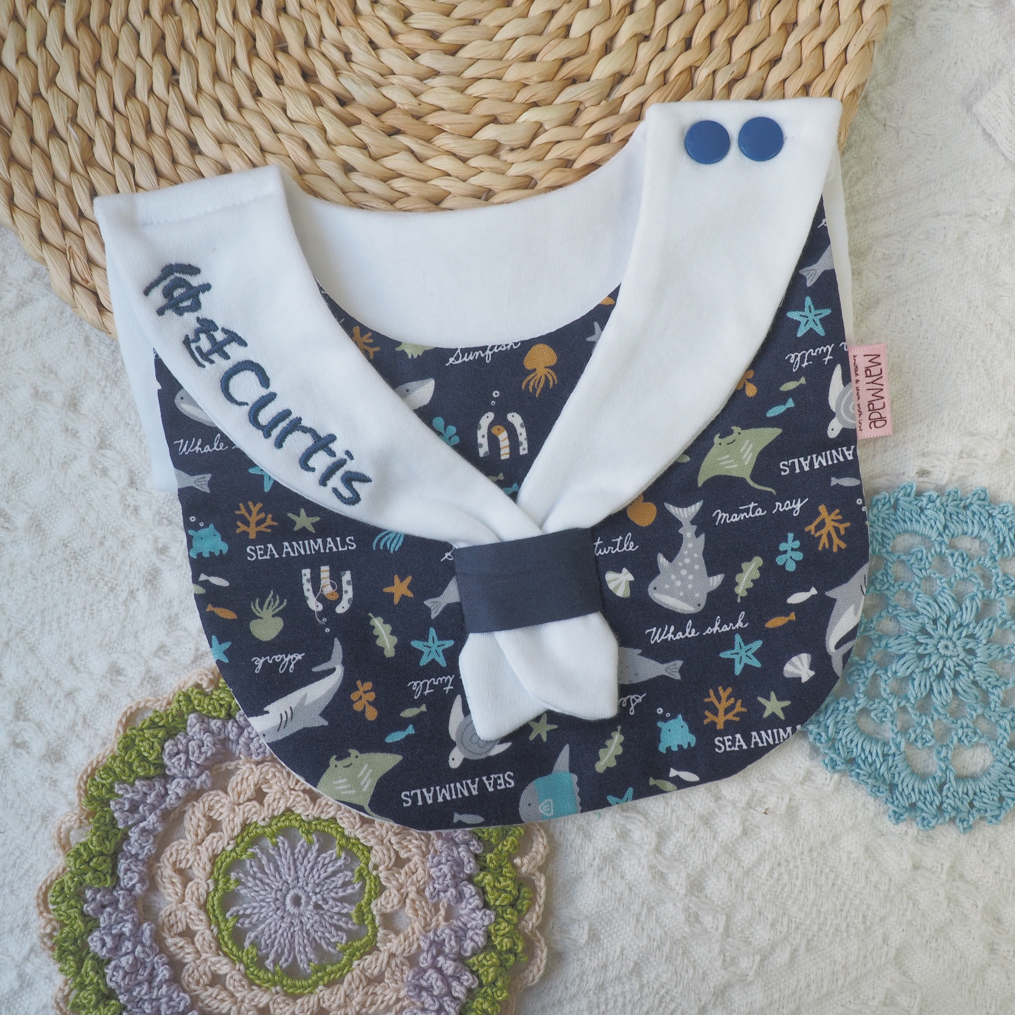 深藍海洋圖案 水手造型口水肩 彌月禮物