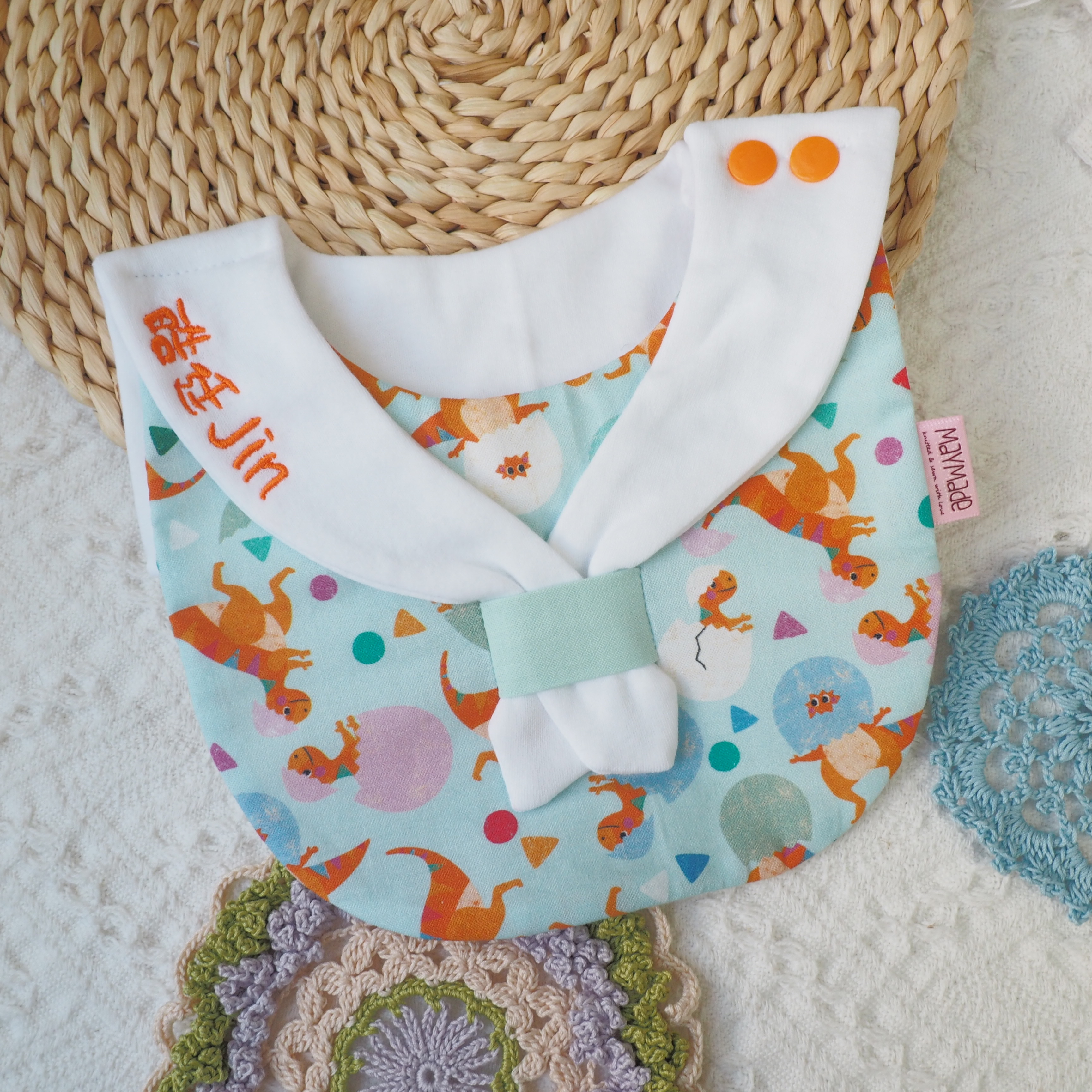 綠色恐龍圖案 水手造型口水肩 彌月禮物