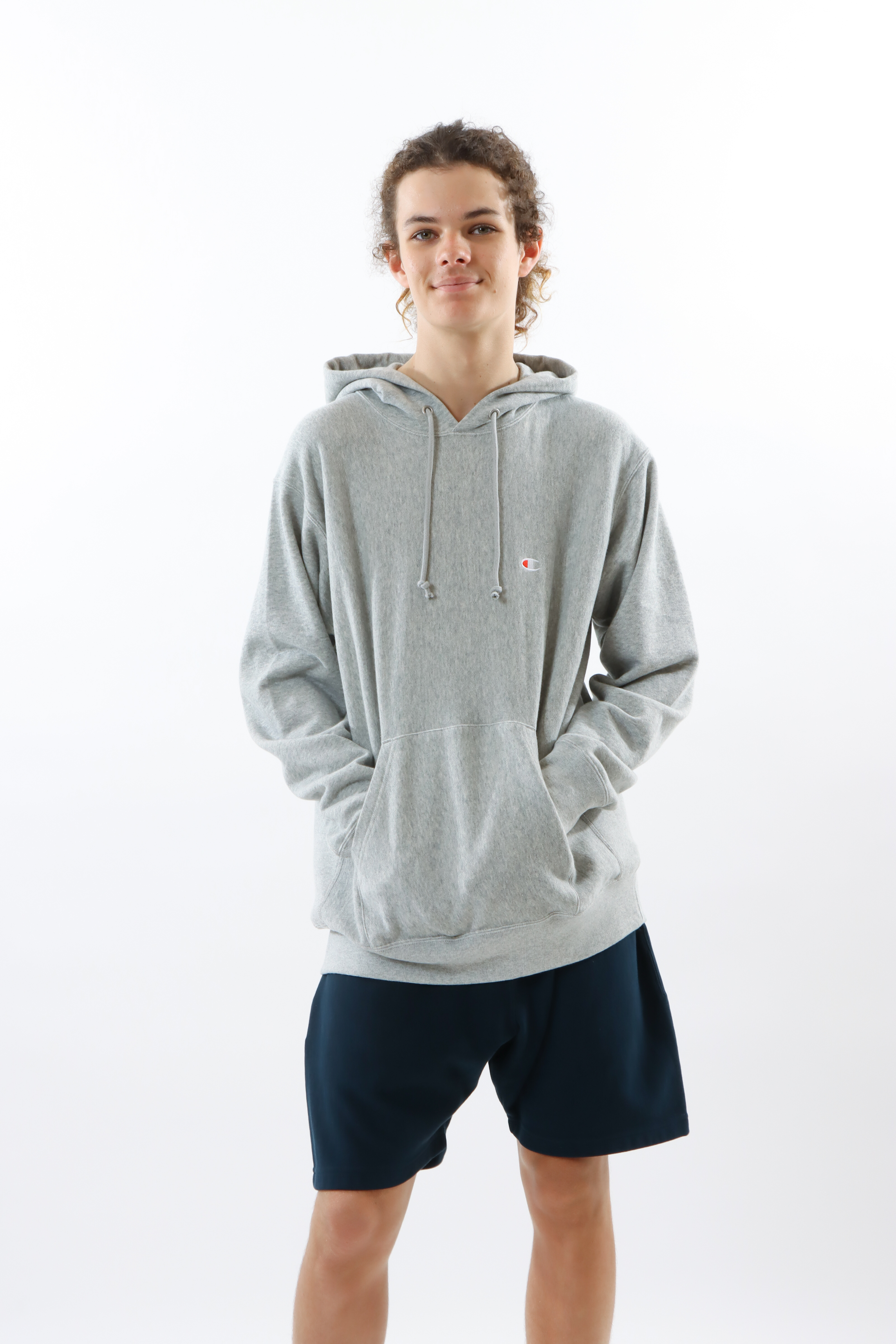 男款-REVERSE WEAVE®系列 10oz經典寬版刺繡連帽衛衣-淺灰色（C3-Y131-070）