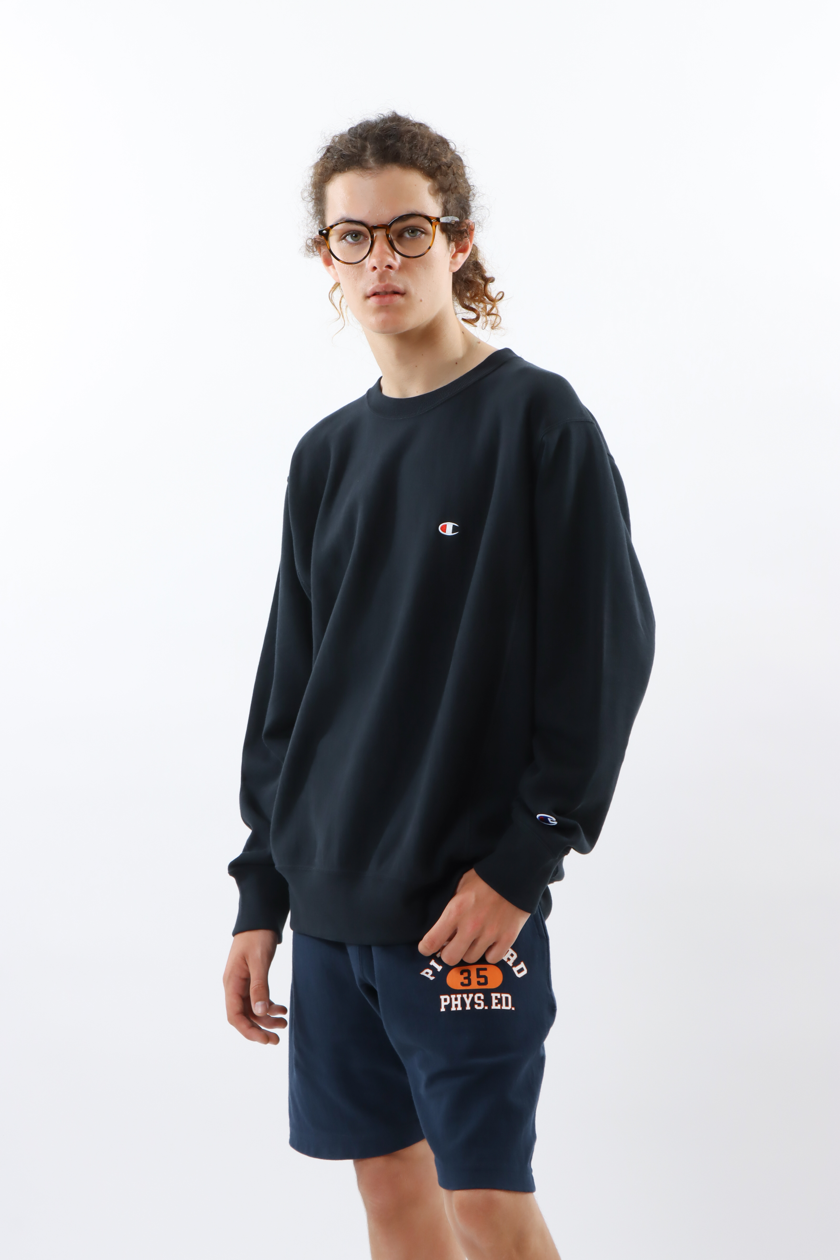 REVERSE WEAVE®系列 男款 10oz經典寬版刺繡圓領衛衣 (黑)