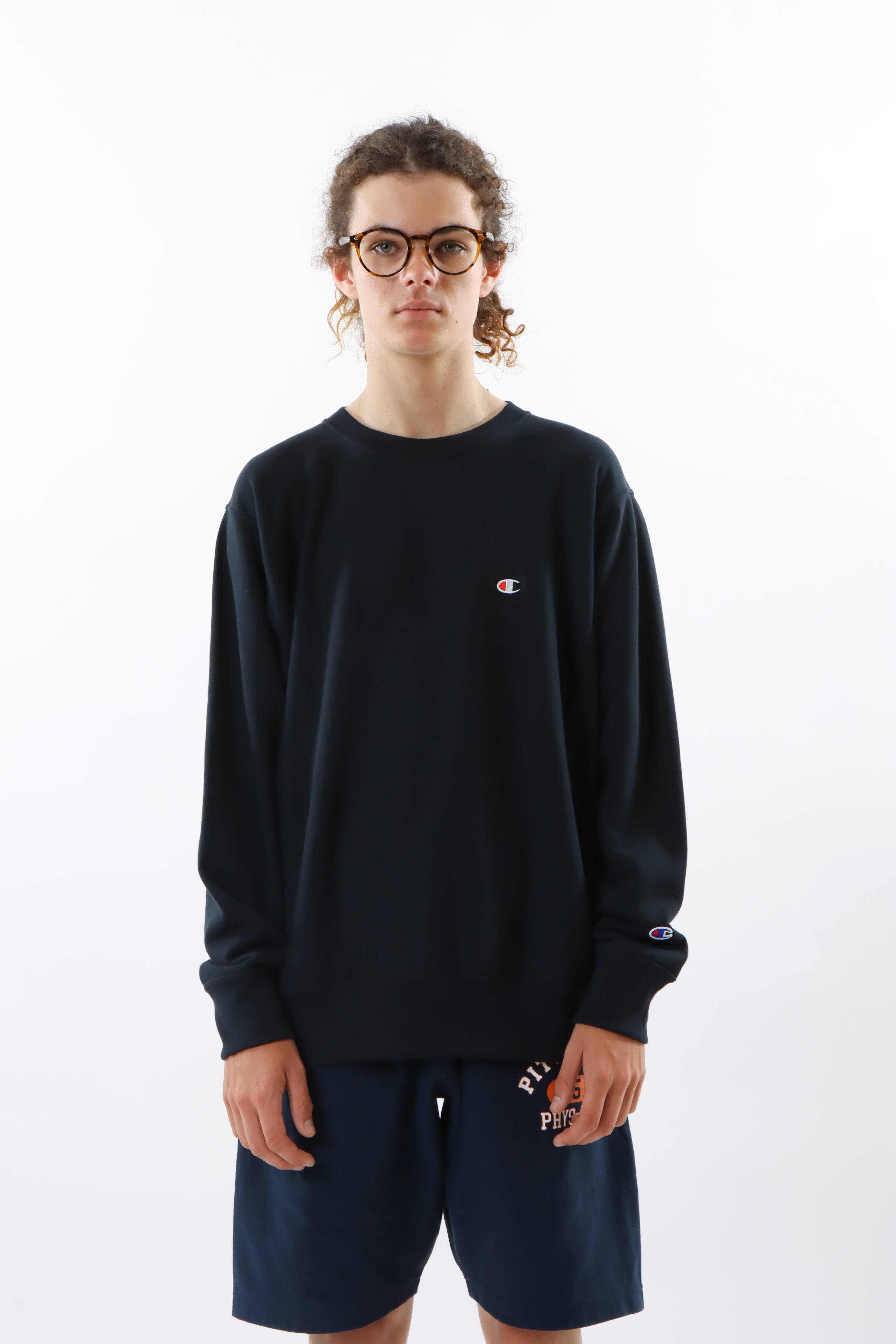 REVERSE WEAVE®系列 男款 10oz經典寬版刺繡圓領衛衣 (黑)