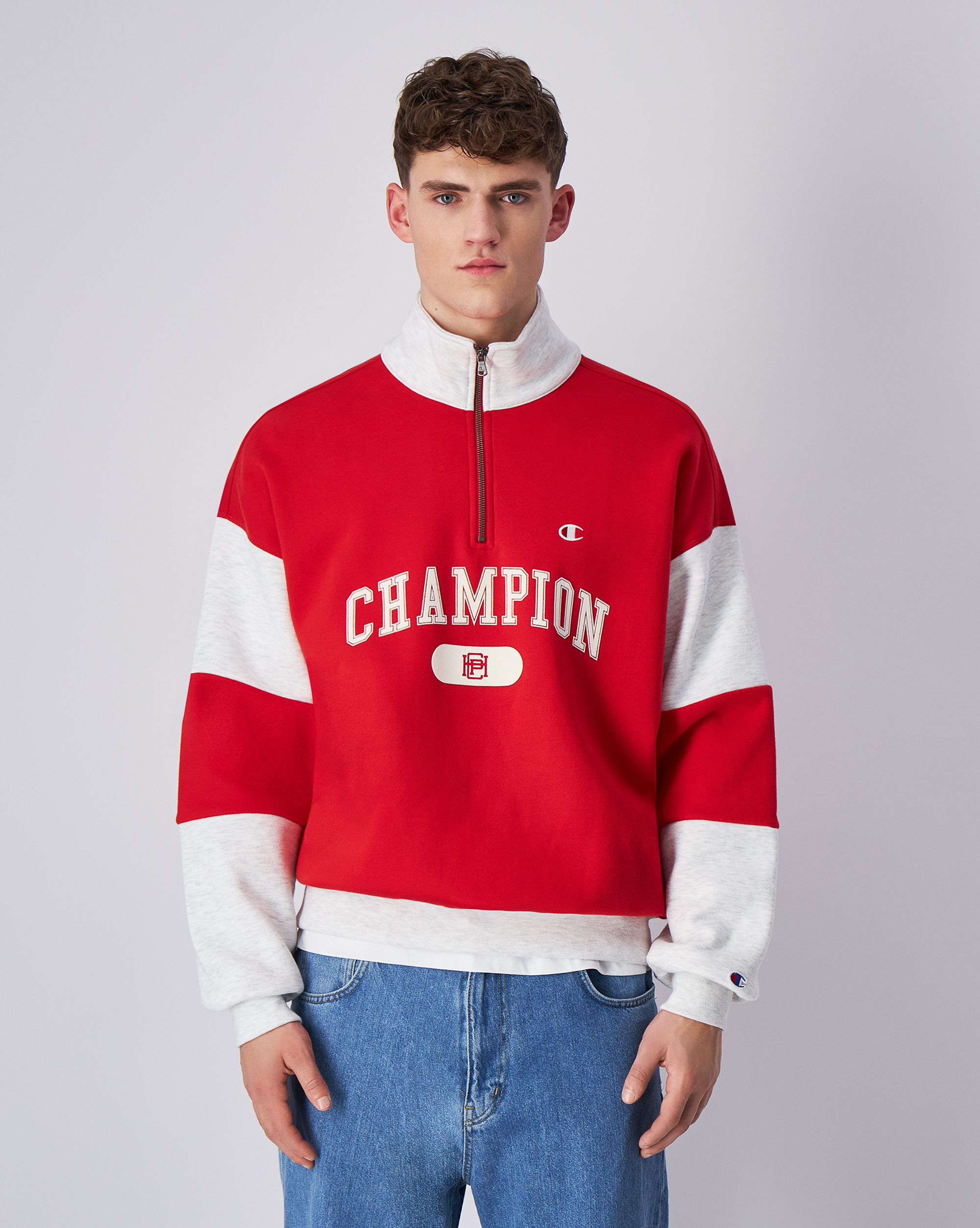 男款-ROCHESTER 寬版拼接印花半拉鍊衛衣-紅色（220435-RS054）