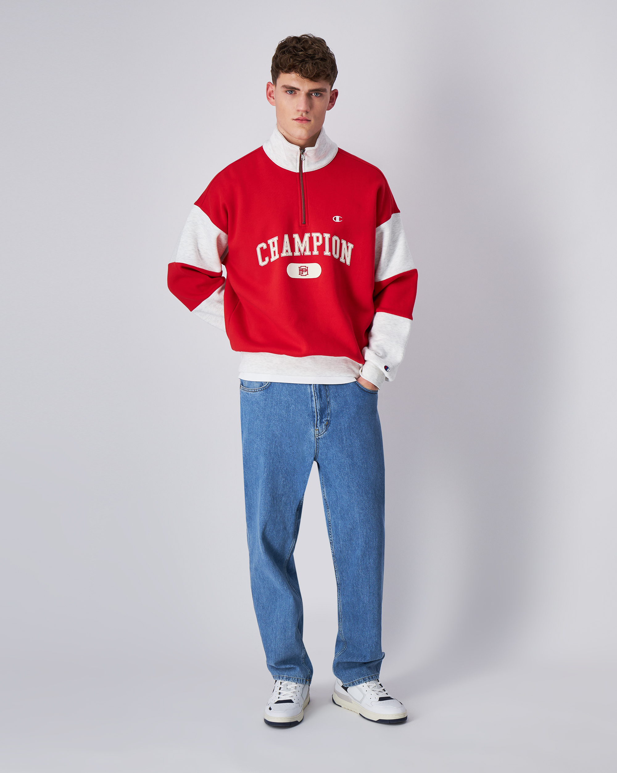 男款-ROCHESTER 寬版拼接印花半拉鍊衛衣-紅色（220435-RS054）