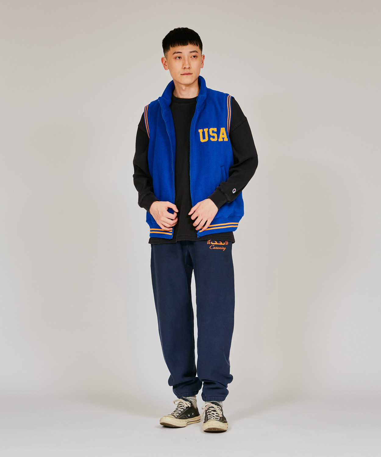 男款 -CASUAL撞色羅紋刺繡毛絨背心-藍色（C3-A609-340）