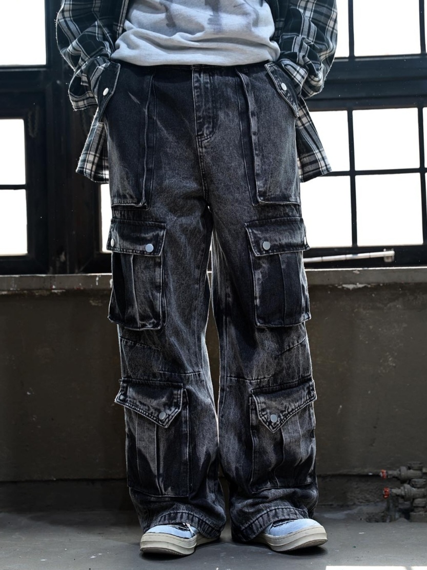 立體口袋水洗黑色牛仔褲