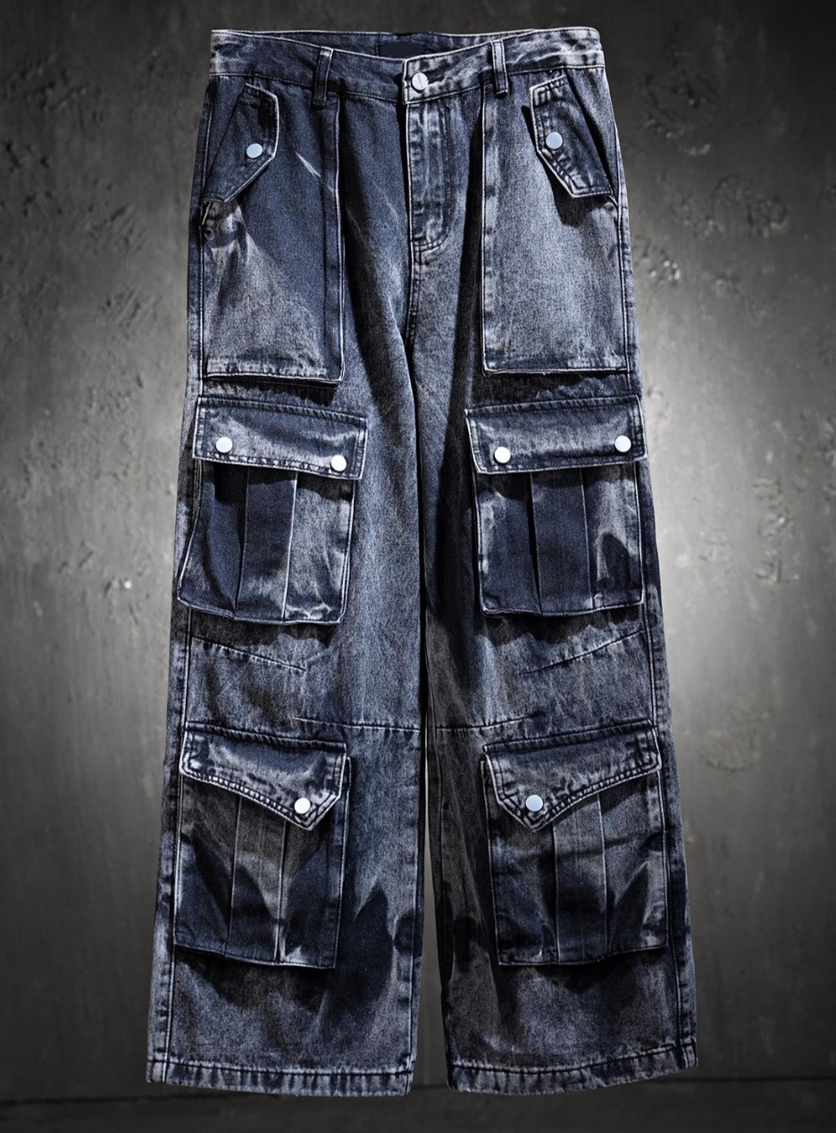 立體口袋水洗黑色牛仔褲