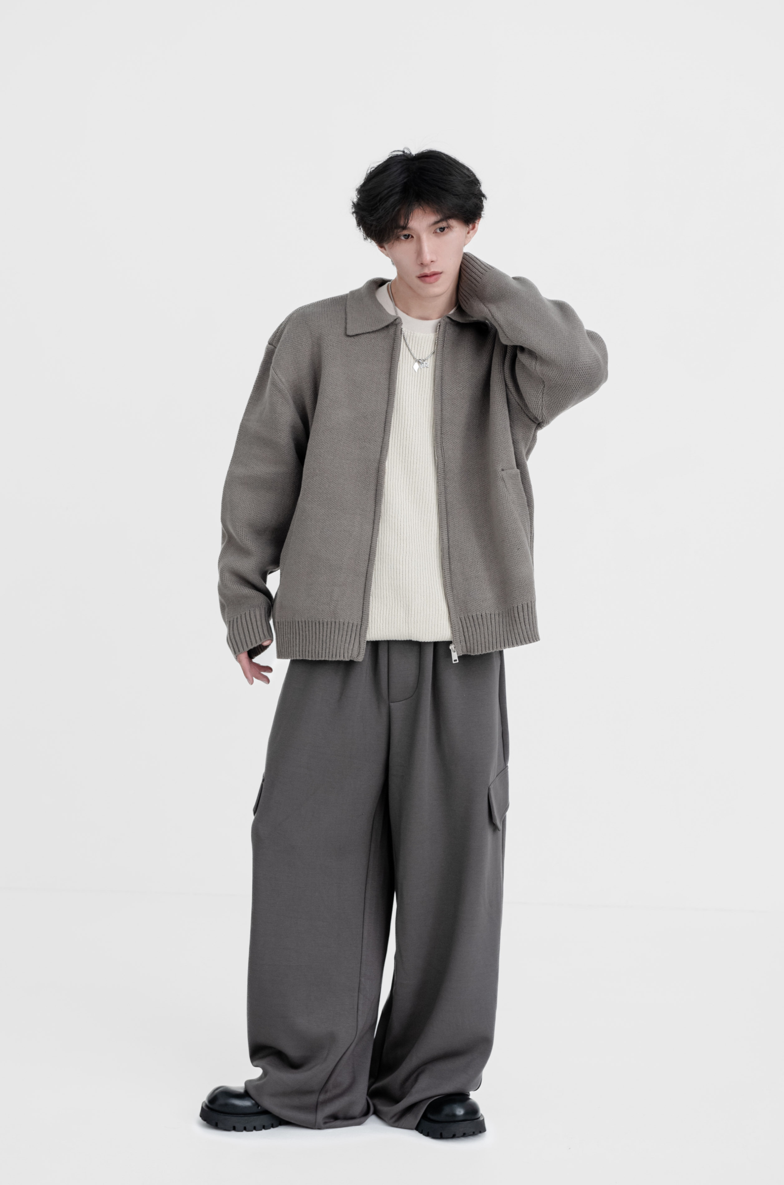 SIMON MADE OW-2340 高級感 簡約 柔軟 針織 翻領 外套