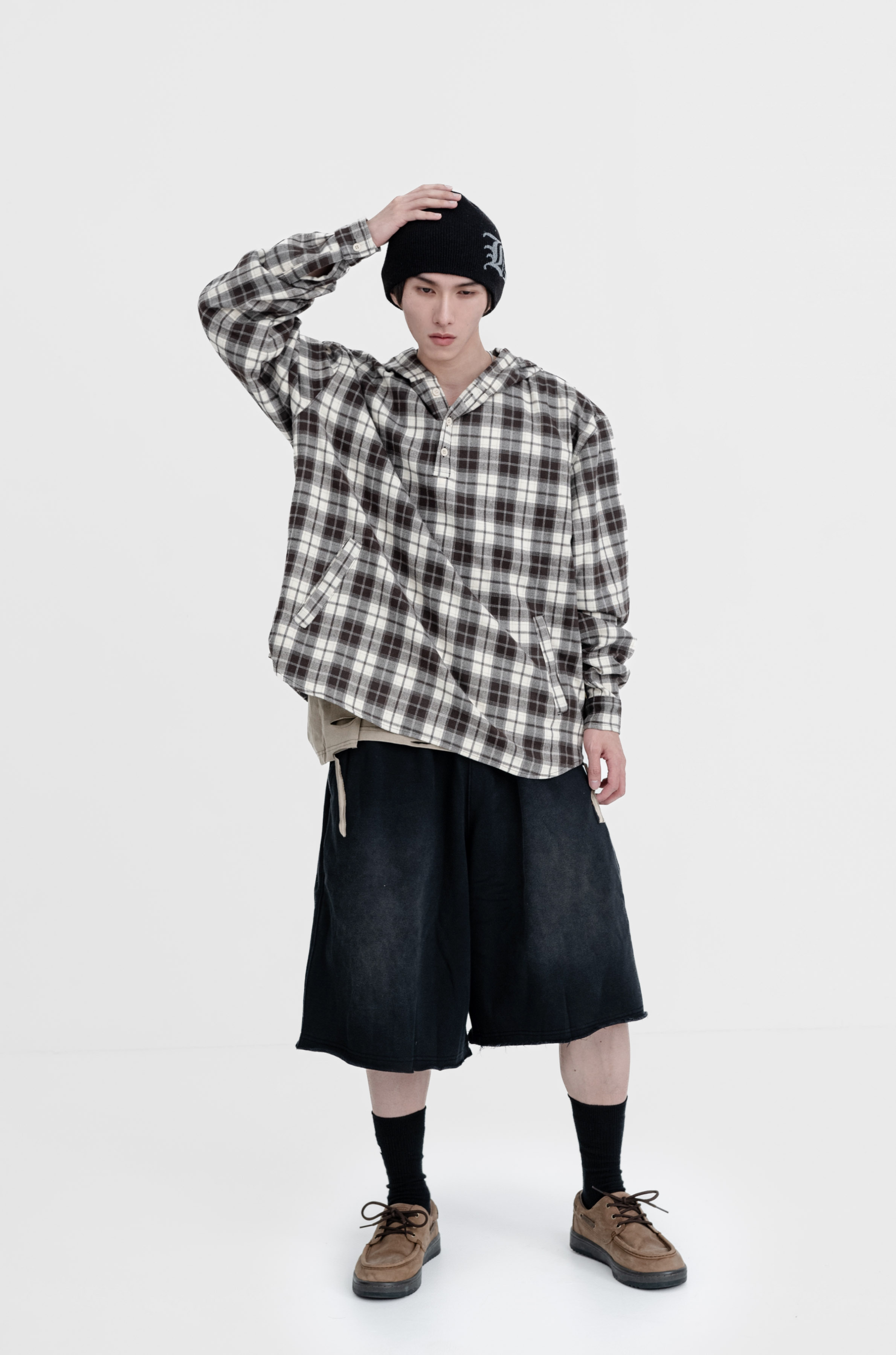 SIMON MADE HL-2316 美式 鄰家男孩 半領 連帽 格紋 襯衫