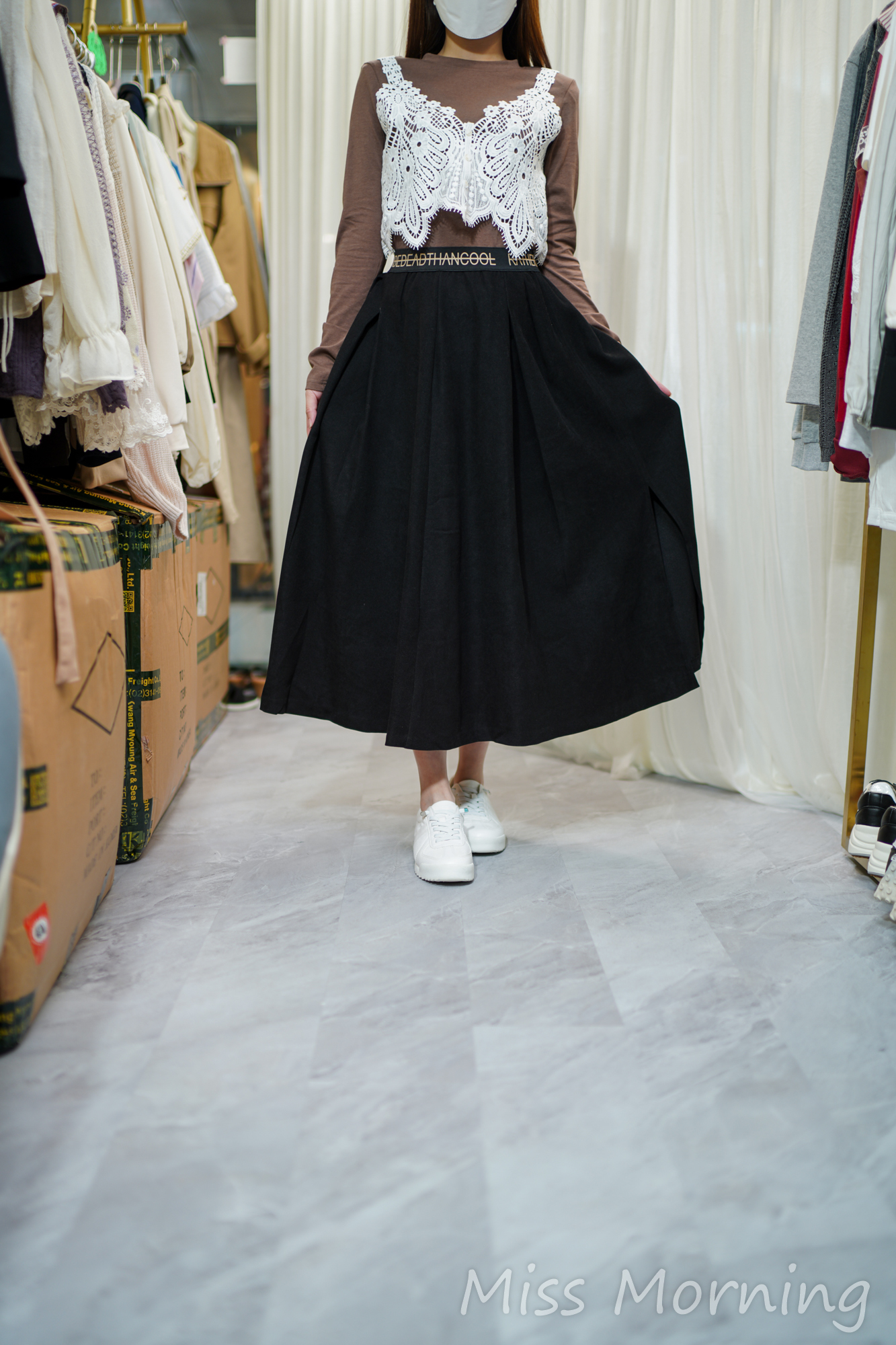 高質拼通花Tee(14192)&靚腰中薄開叉絨裙(33826)