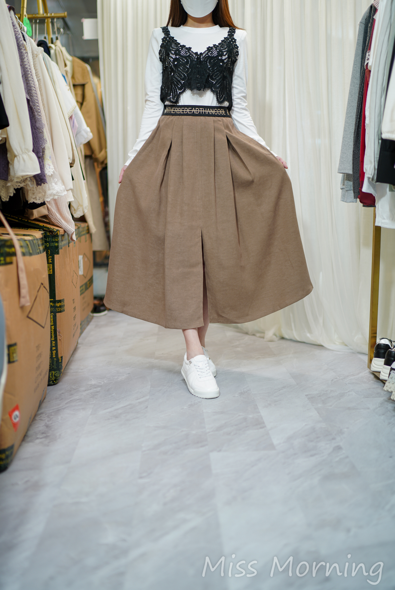 高質拼通花Tee(14192)&靚腰中薄開叉絨裙(33826)