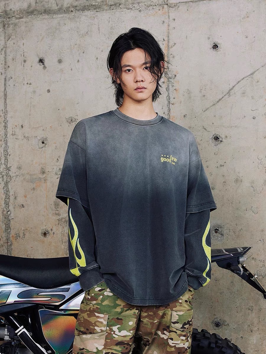 AFGK 美式高街火焰假兩件做舊 長T A FEW GOOD KIDS