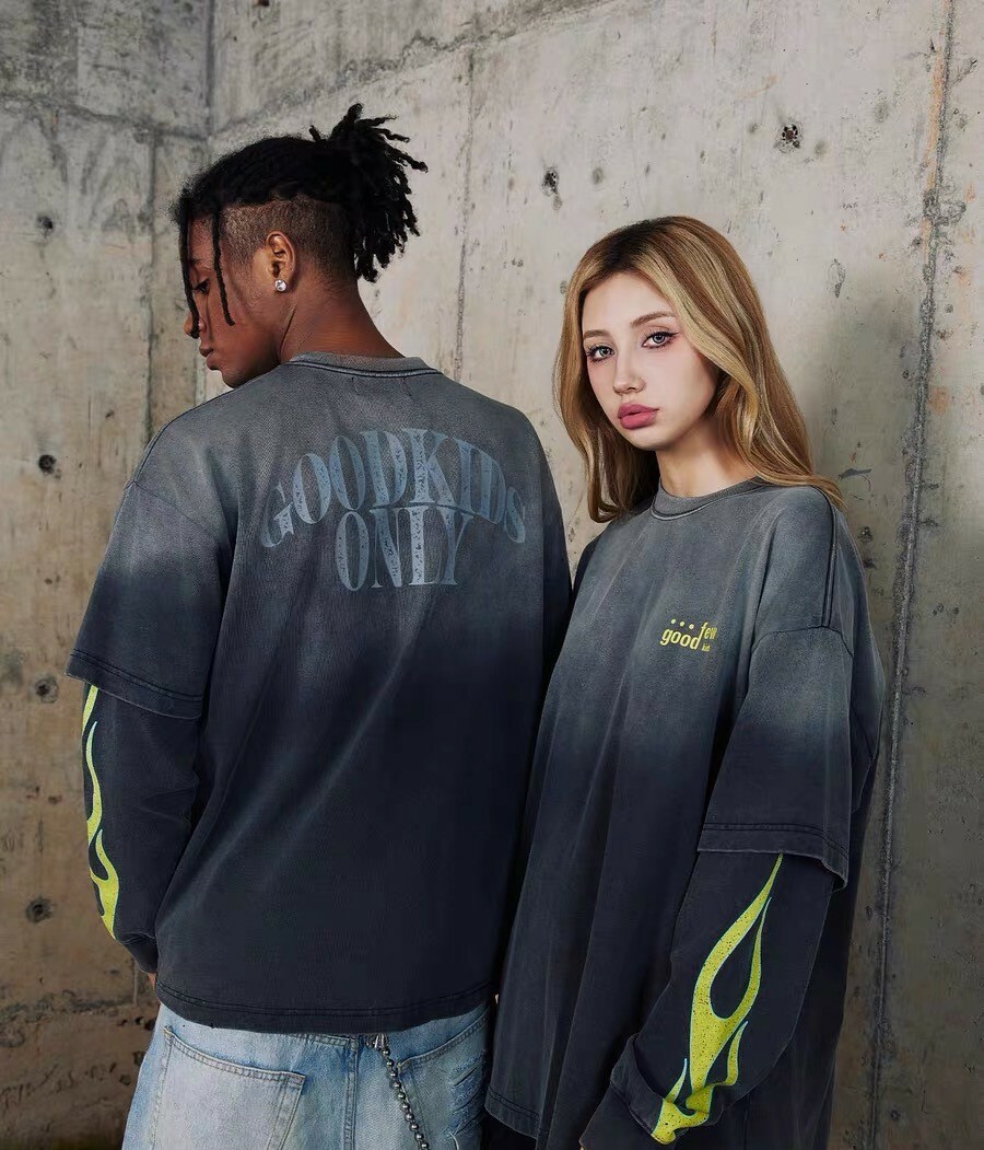 AFGK 美式高街火焰假兩件做舊 長T A FEW GOOD KIDS