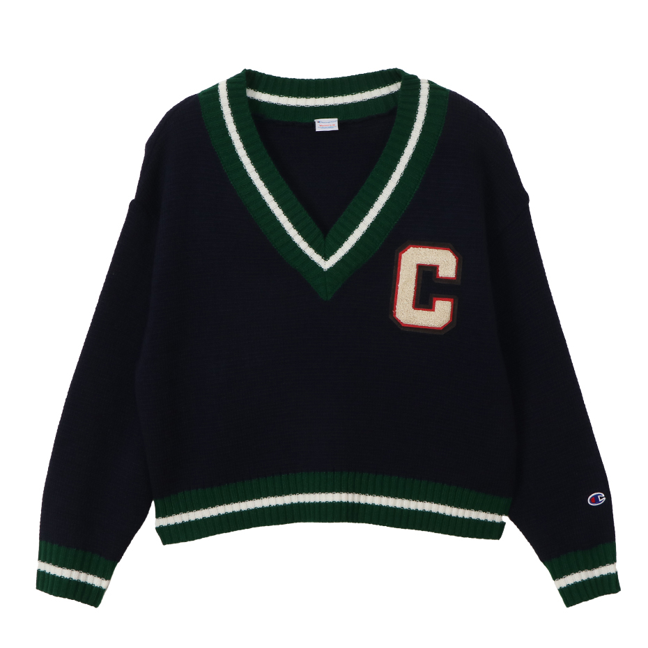 女款 -CASUAL 學院V領C字母針織衫-黑色（CW-A017-386）