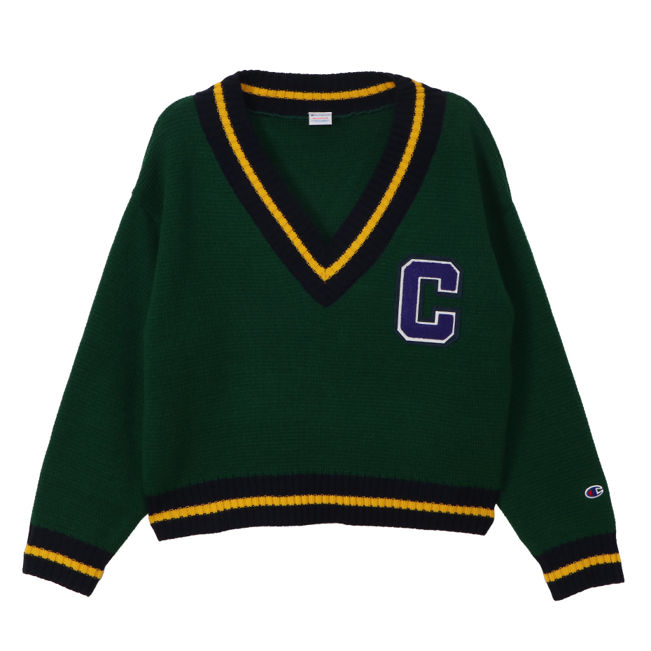 女款-CASUAL 鎖鏈刺繡V領毛衣-綠色（CW-A017-570）