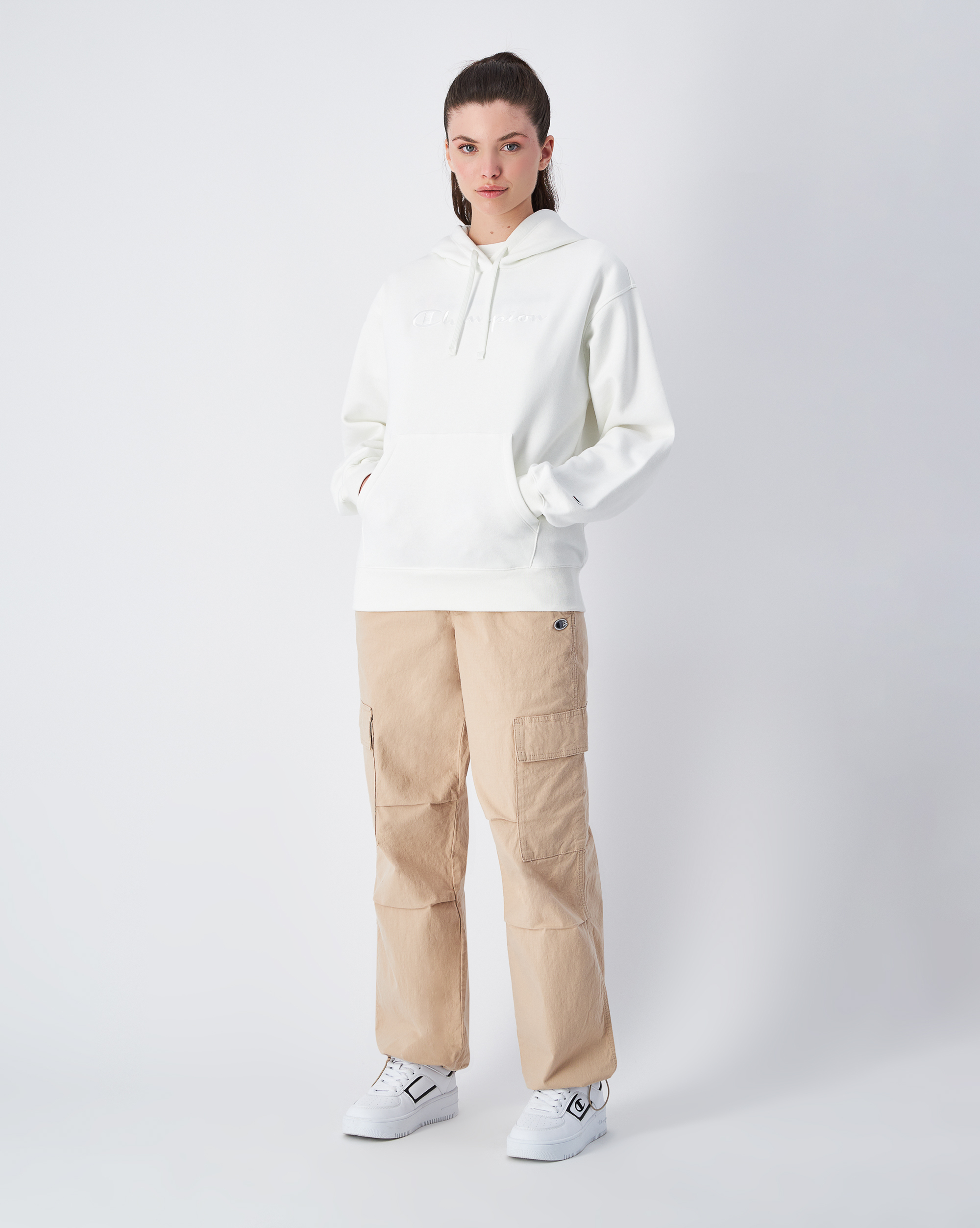 女款 經典同色刺繡連帽衛衣(白)