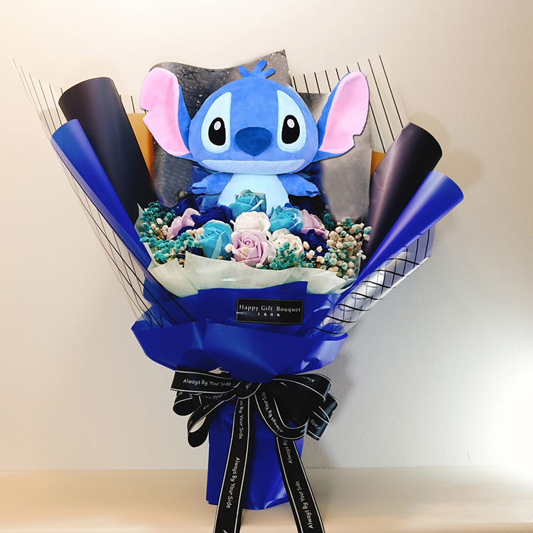 20cm史迪奇香皂花乾燥花花束史迪奇花束,深藍色包裝