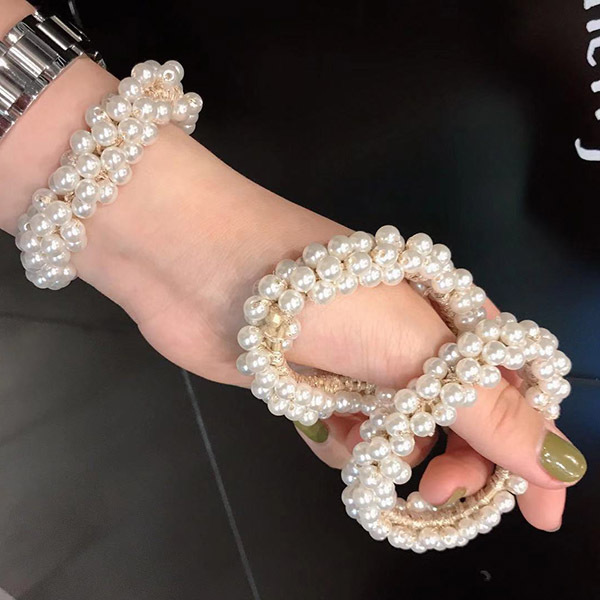 JK Korea Pearl Gold Thread High Elastic Hair Tie (Black, White, Pink 3-Piece Set) J0161