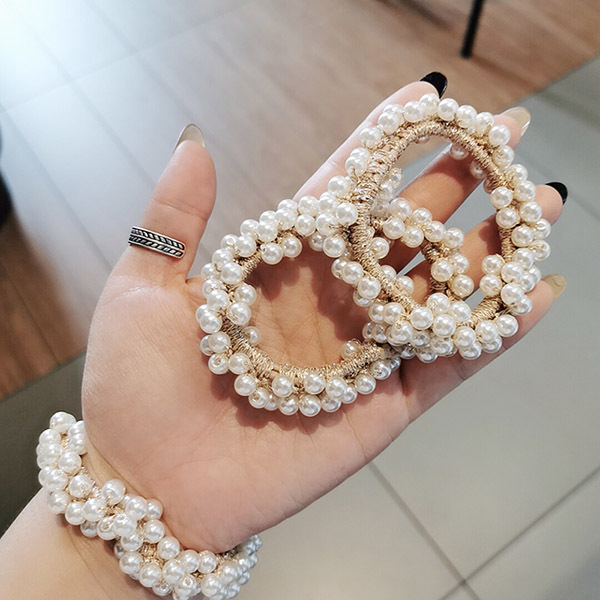 JK Korea Pearl Gold Thread High Elastic Hair Tie (Black, White, Pink 3-Piece Set) J0161