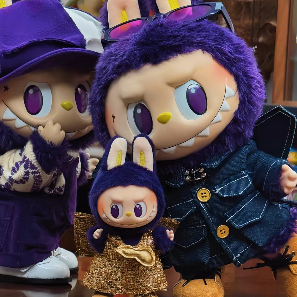 米蘭時裝周限定 POPMART 泡泡瑪特 THE MONSTER LABUBU 拉布布 米蘭 一代 二代 紫色 吊帶褲 牛仔裝公仔 金色裝吊飾 毛絨 搪膠臉 玩具 公仔